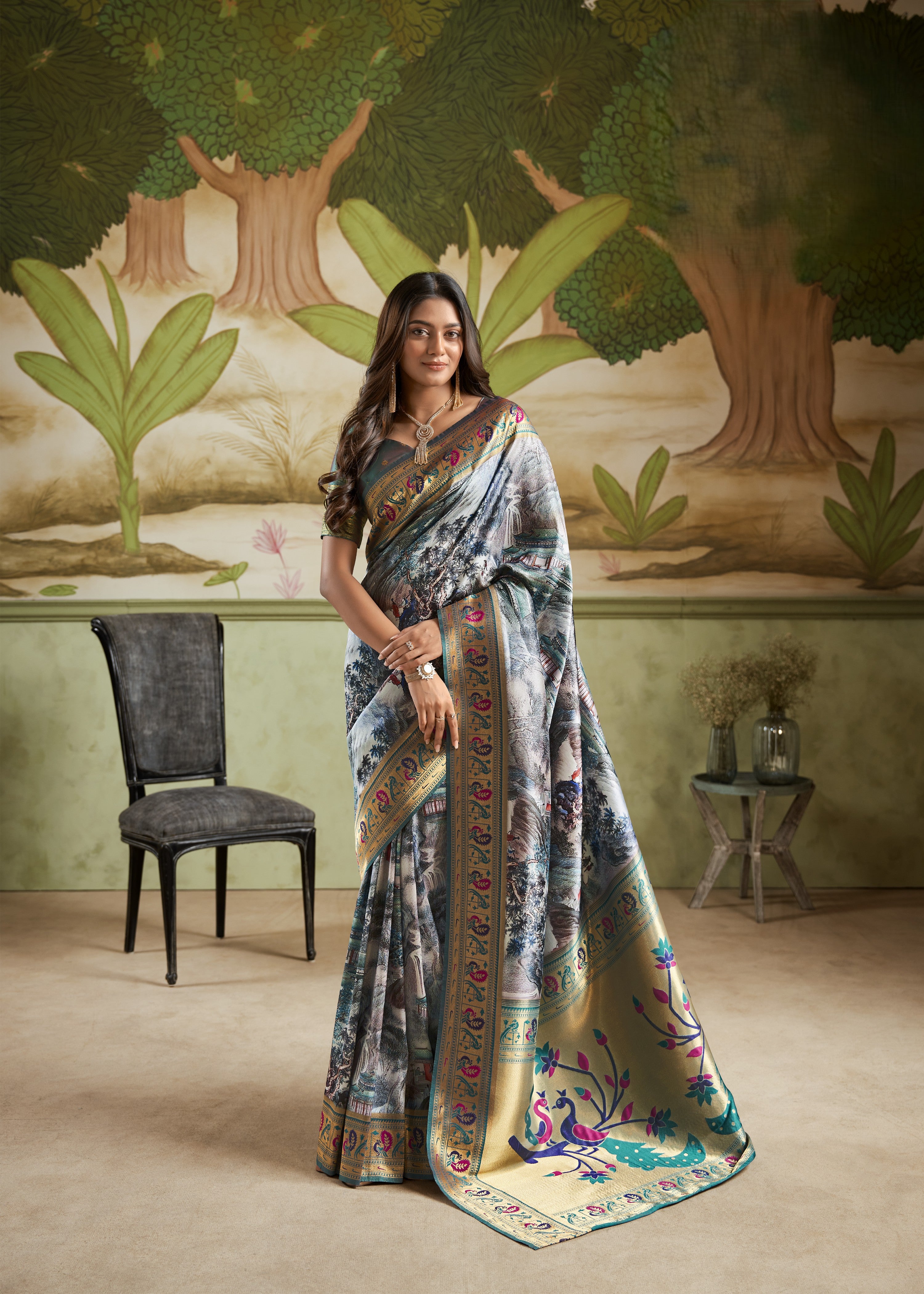 Multi Printed Satin Crepe Saree