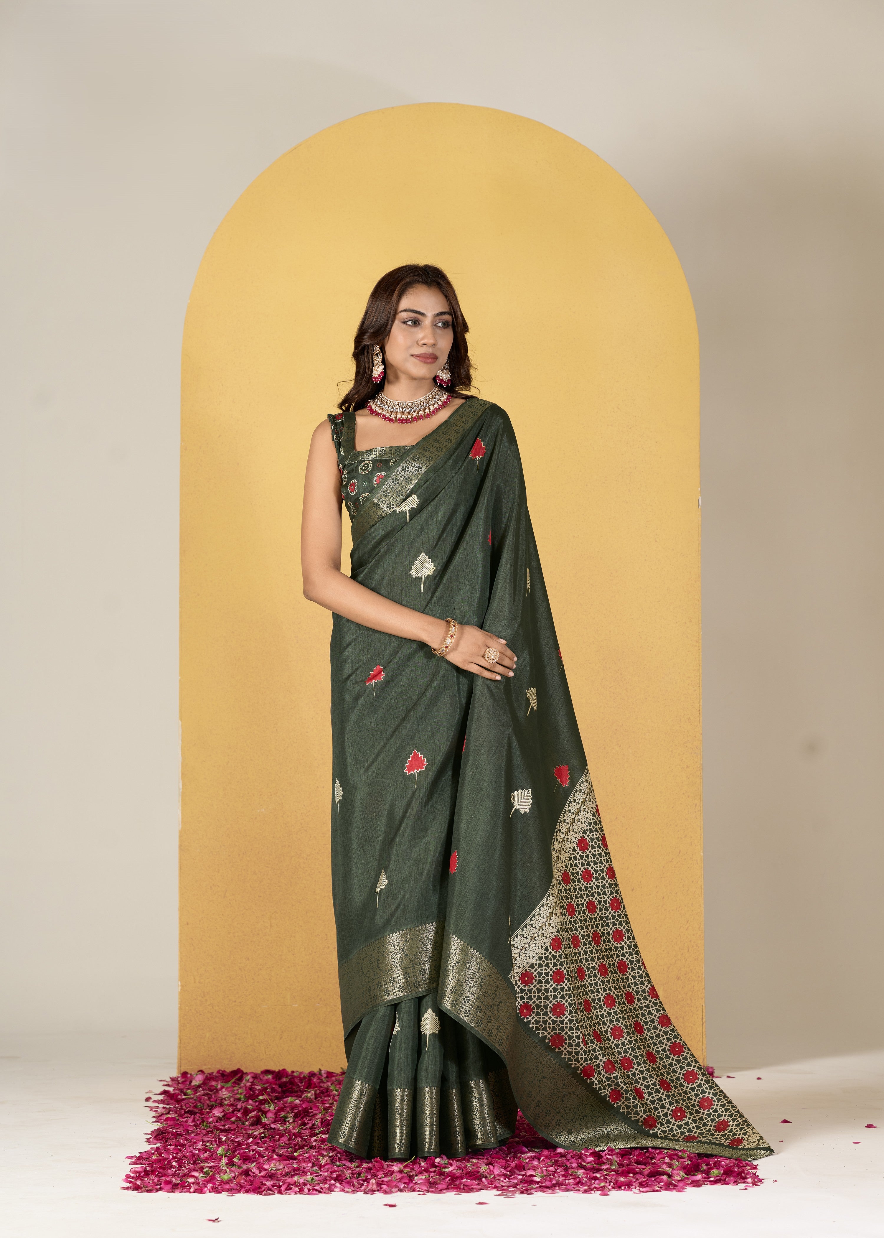 Art Silk Saree with Banarasi Border & Ajrakh Printed Blouse