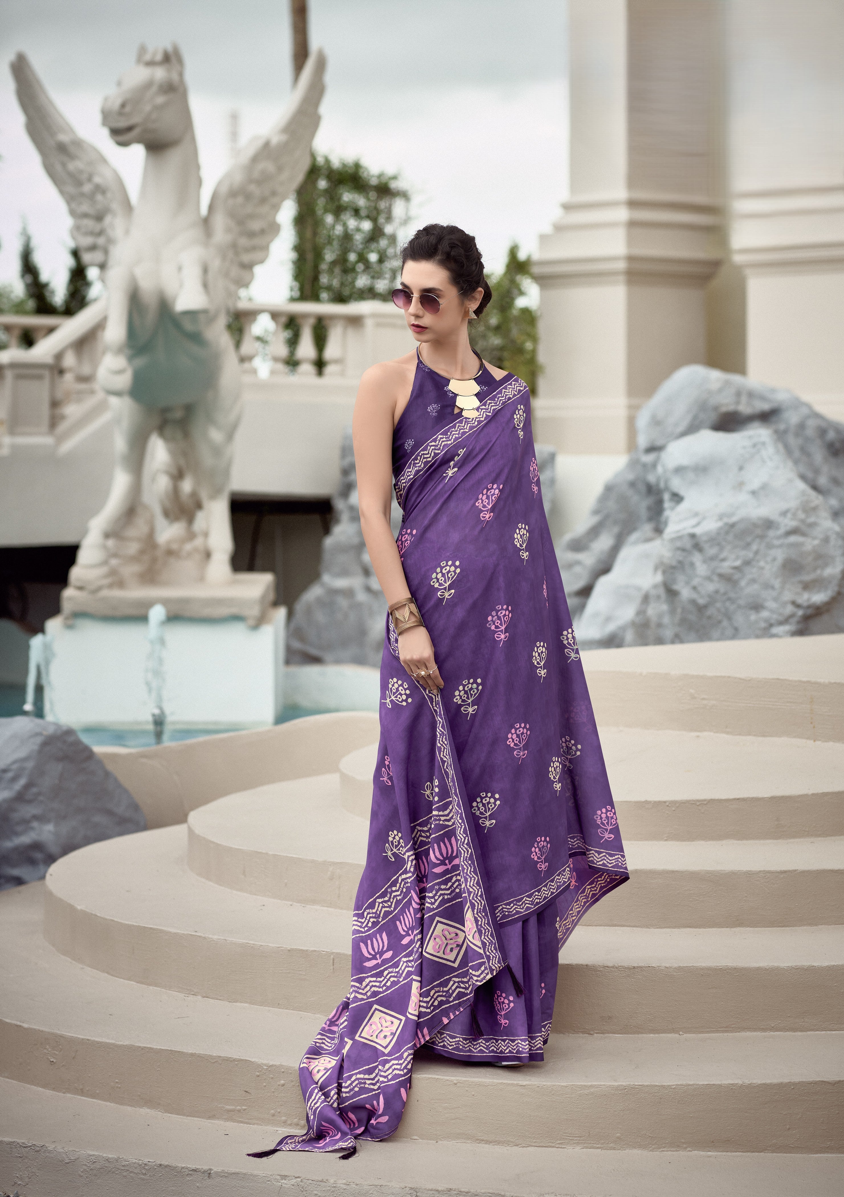 Multi Printed Satin Crepe Saree