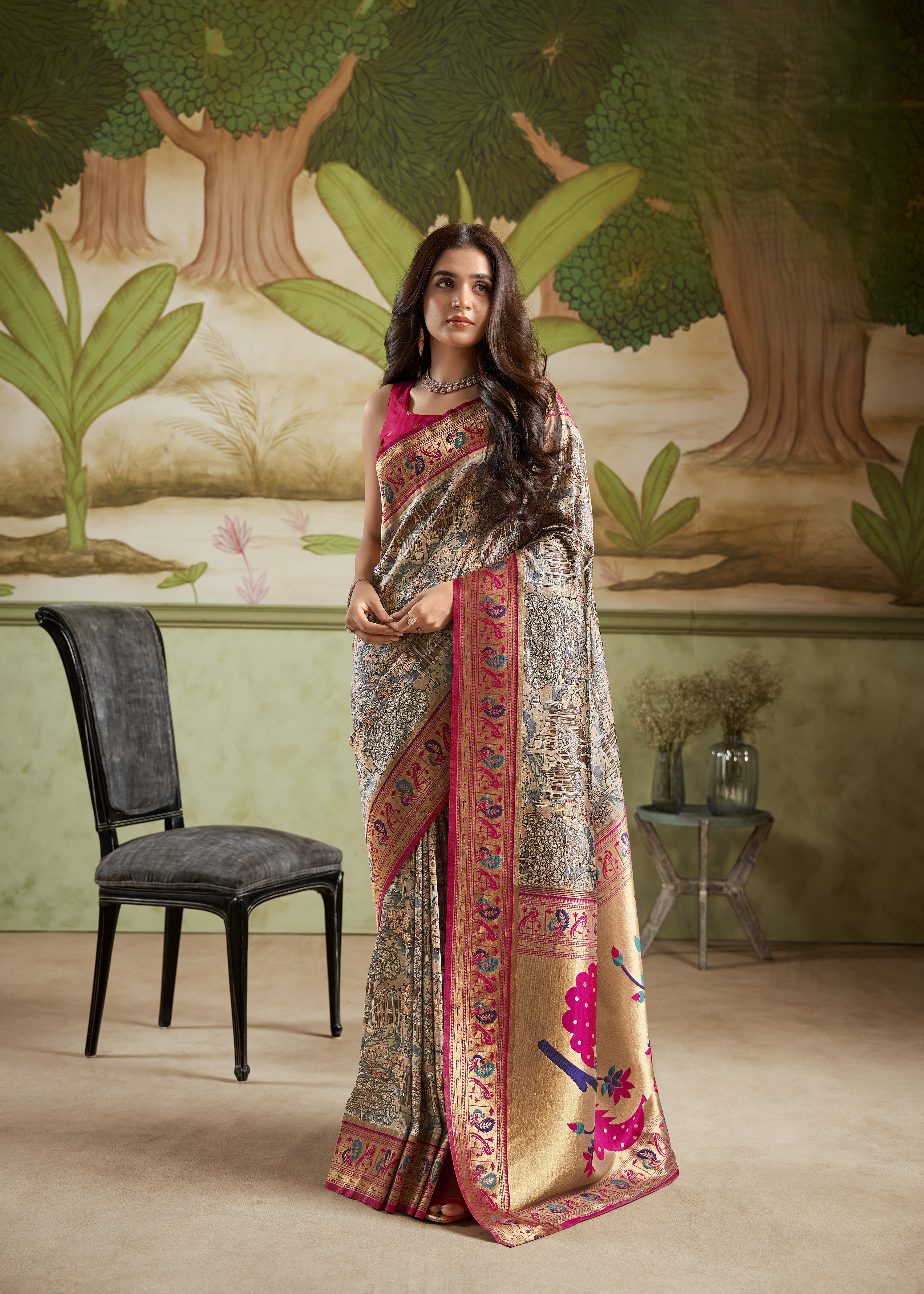 Multi Printed Satin Crepe Saree