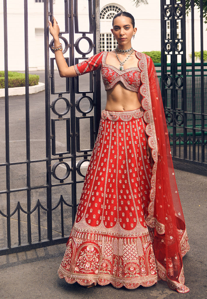 Buy Red Zardosi Bridal Semi-Stitched Lehenga | Bombay Selections