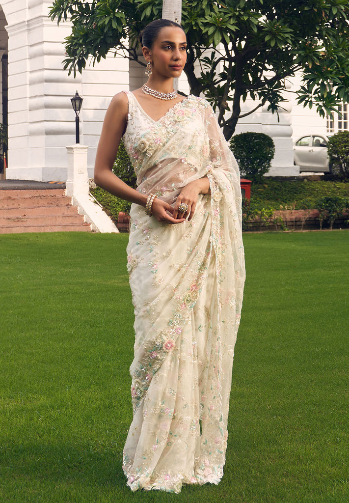 Nazaakat - Cream Floral Organza Saree