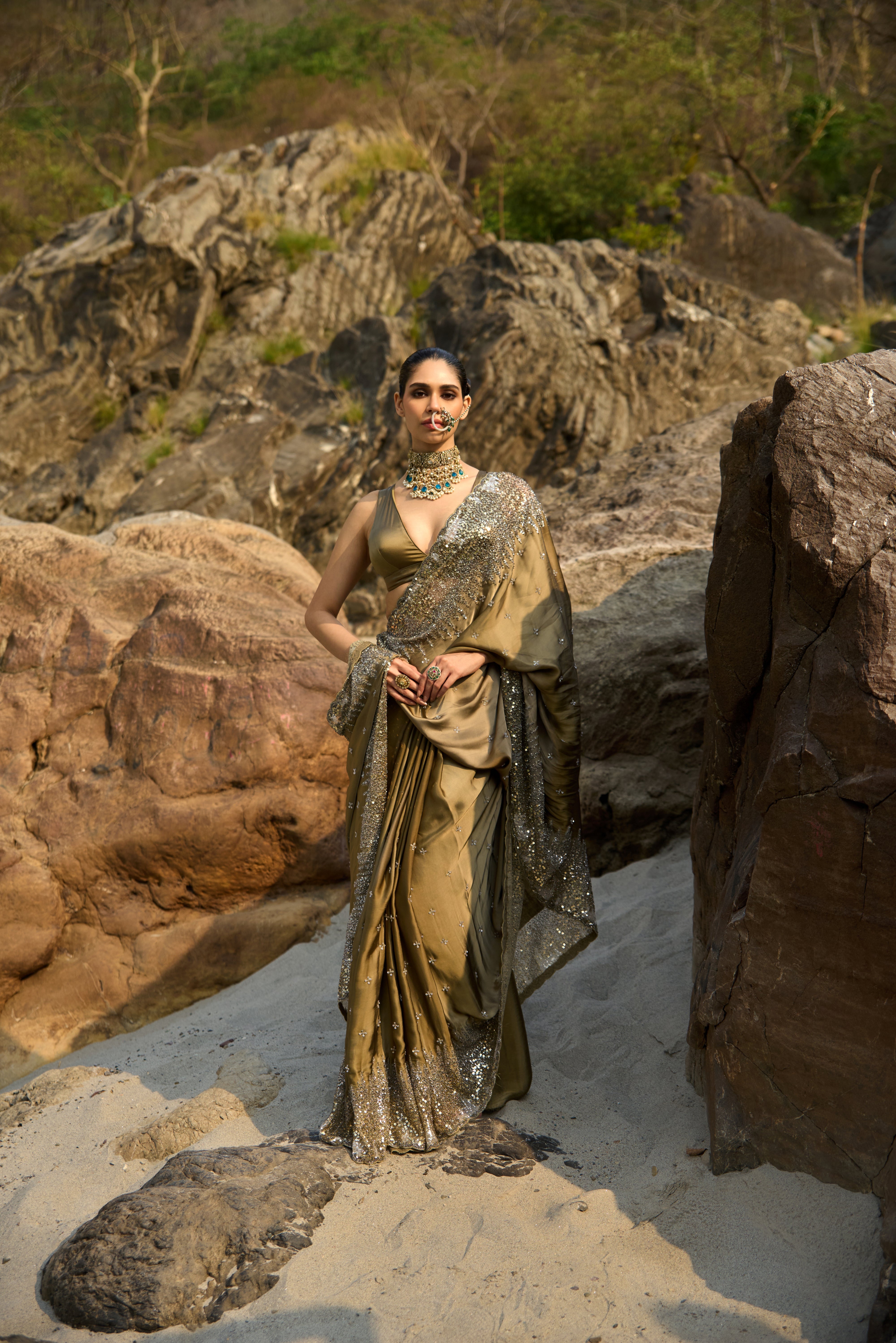 Burnished Olive Whisper Saree Set
