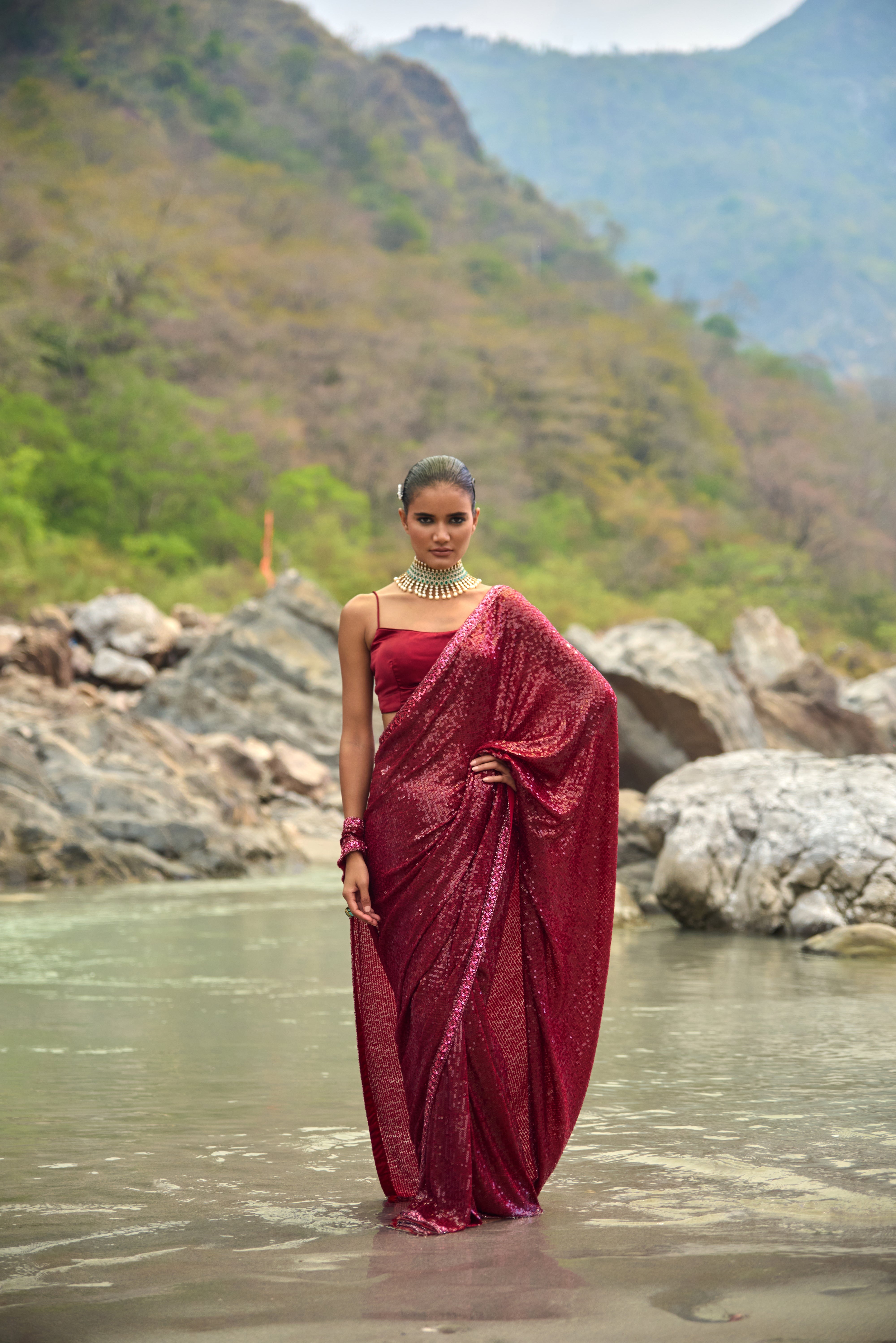 Crimson Shimmer Saree Set