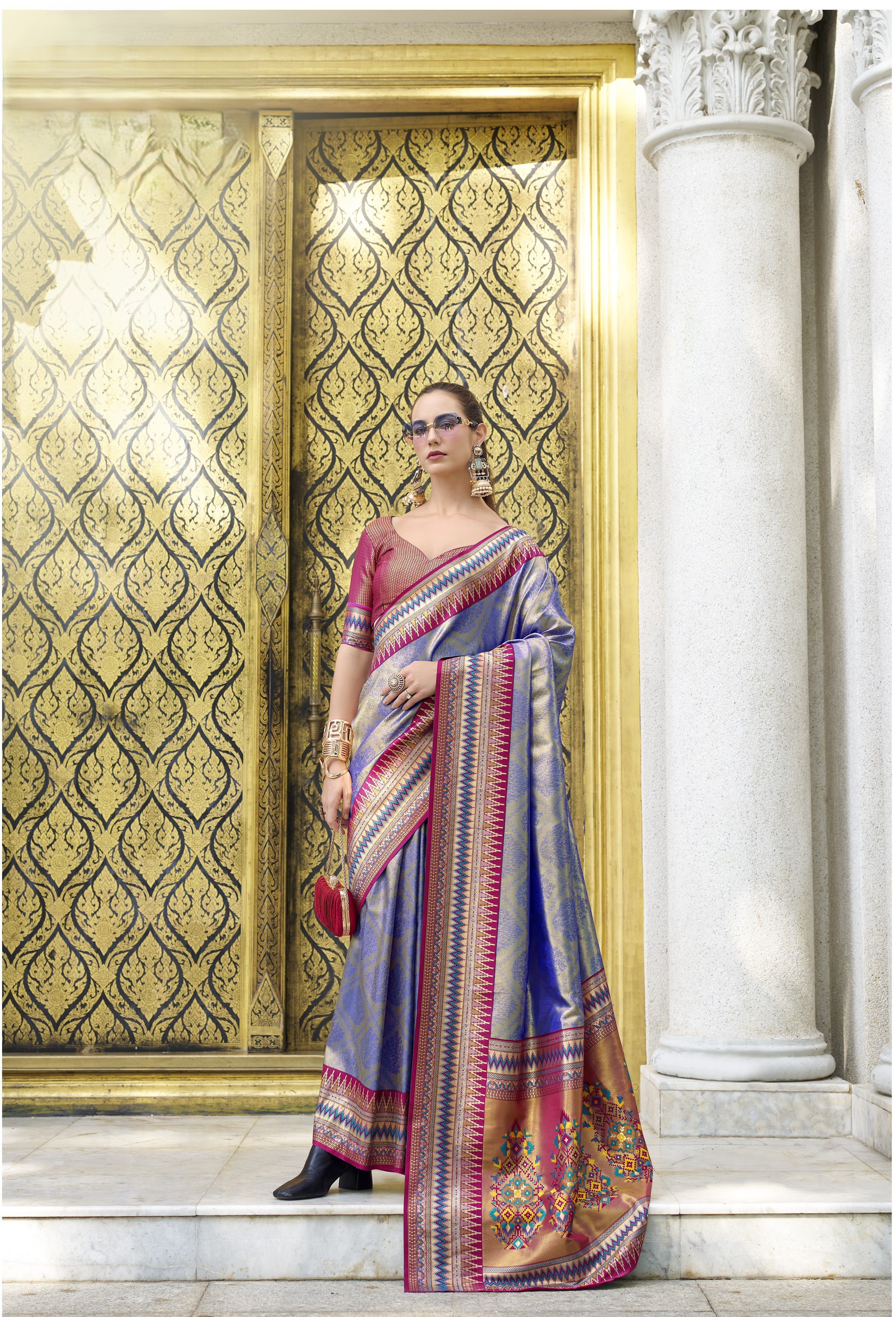 Banarasi Silk Saree with Multicolored Patola-Style Border