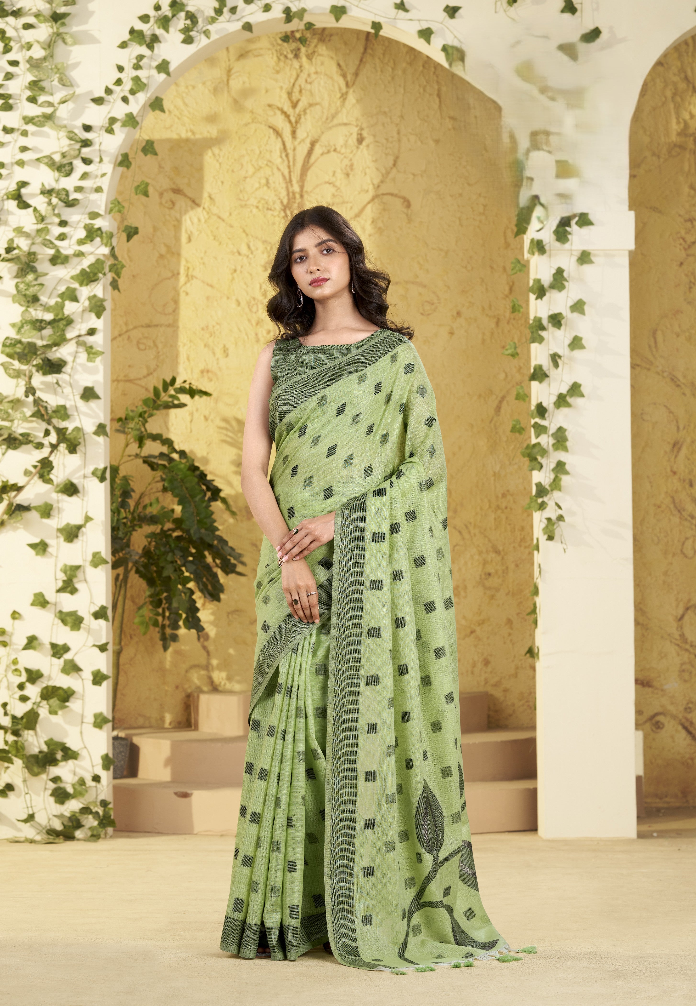 Cotton Saree with Grey Checks and Woven Border