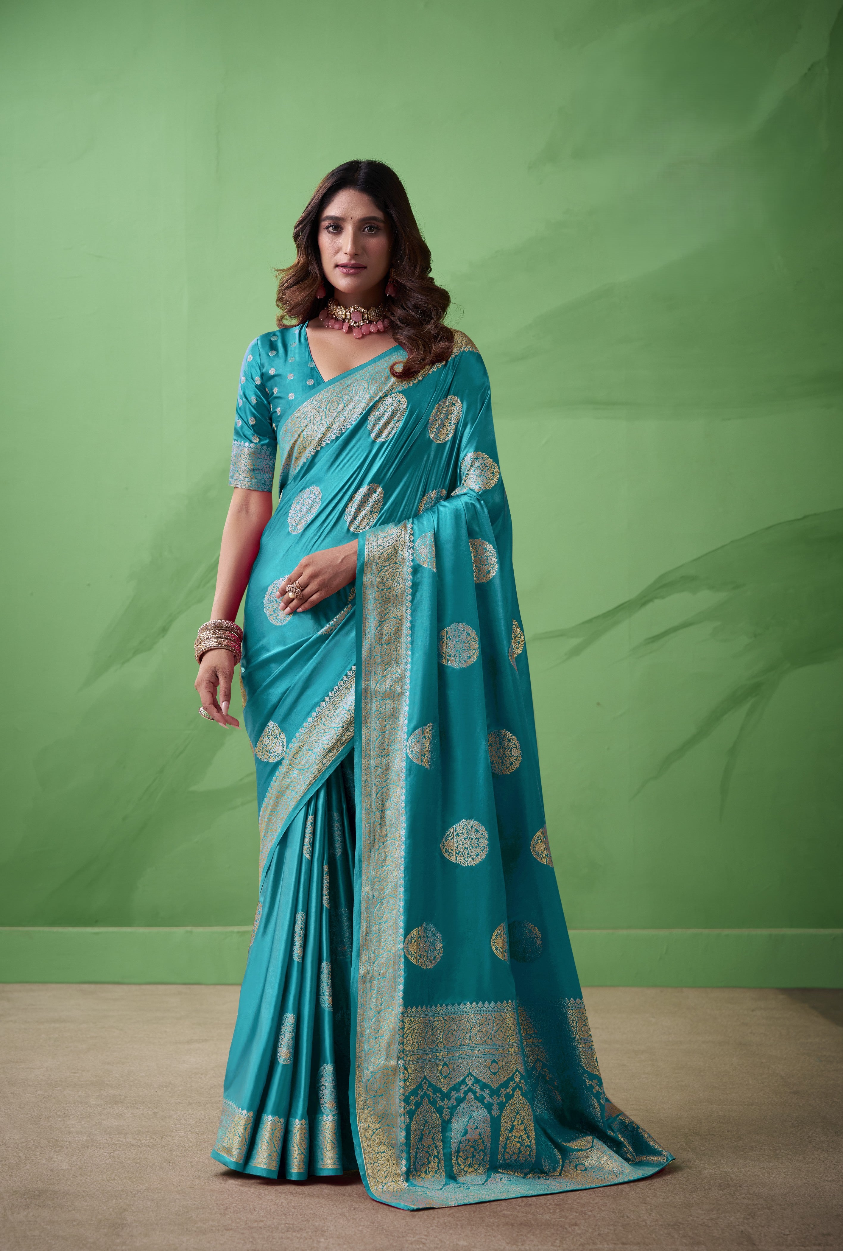 Royal Prussian Banarasi Silk Saree with Intricate Gold Zari Work