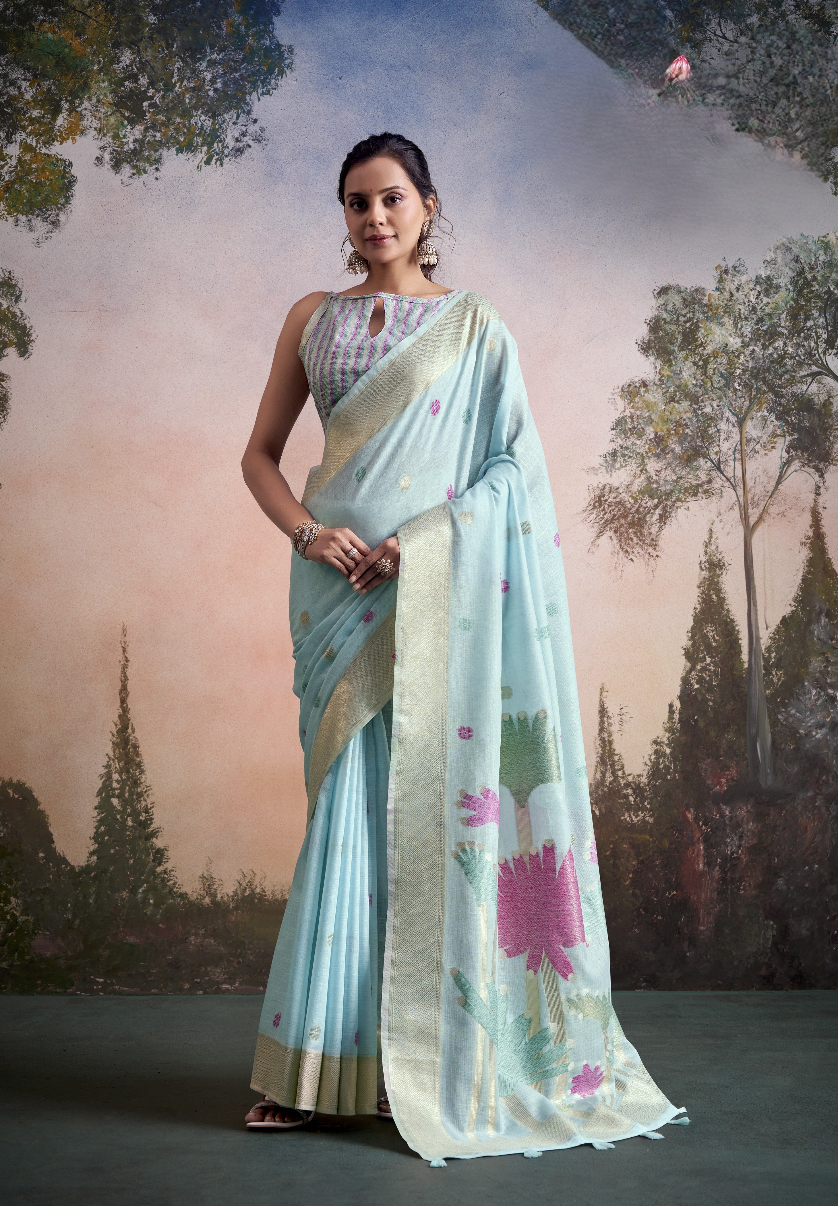 Modern Muse Minimalist Floral Linen Silk Saree