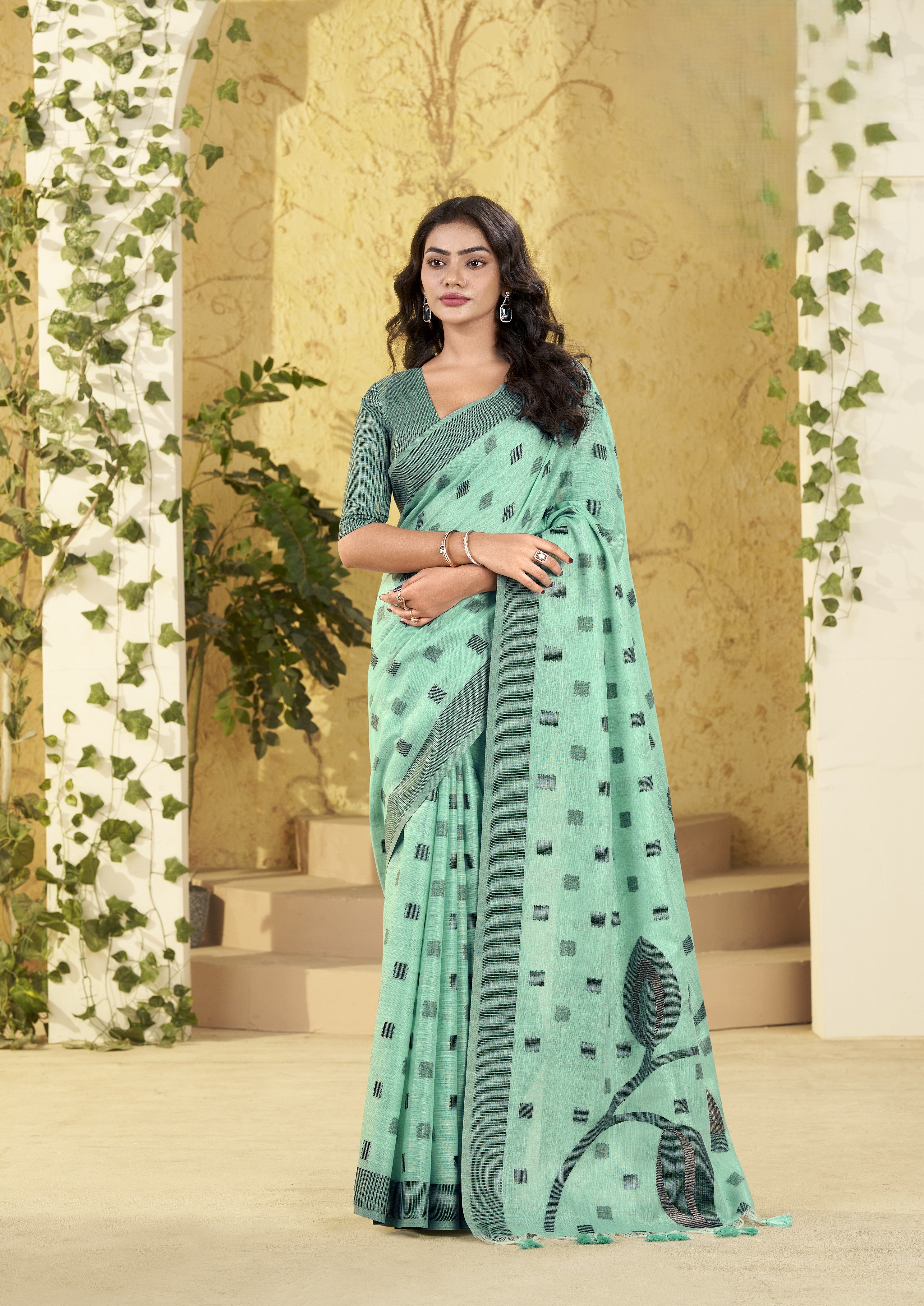 Cotton Saree with Grey Checks and Woven Border