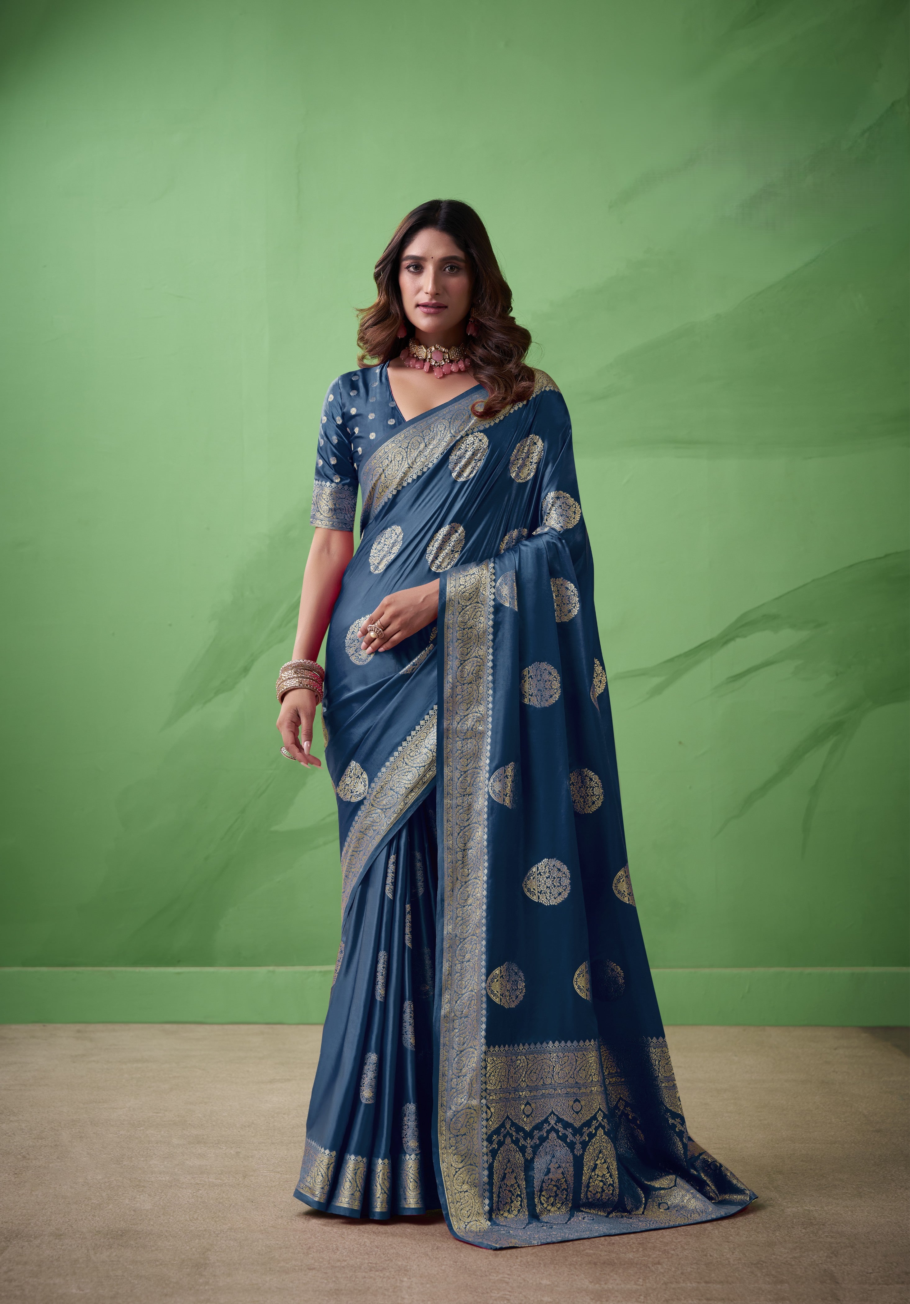 Royal Prussian Banarasi Silk Saree with Intricate Gold Zari Work