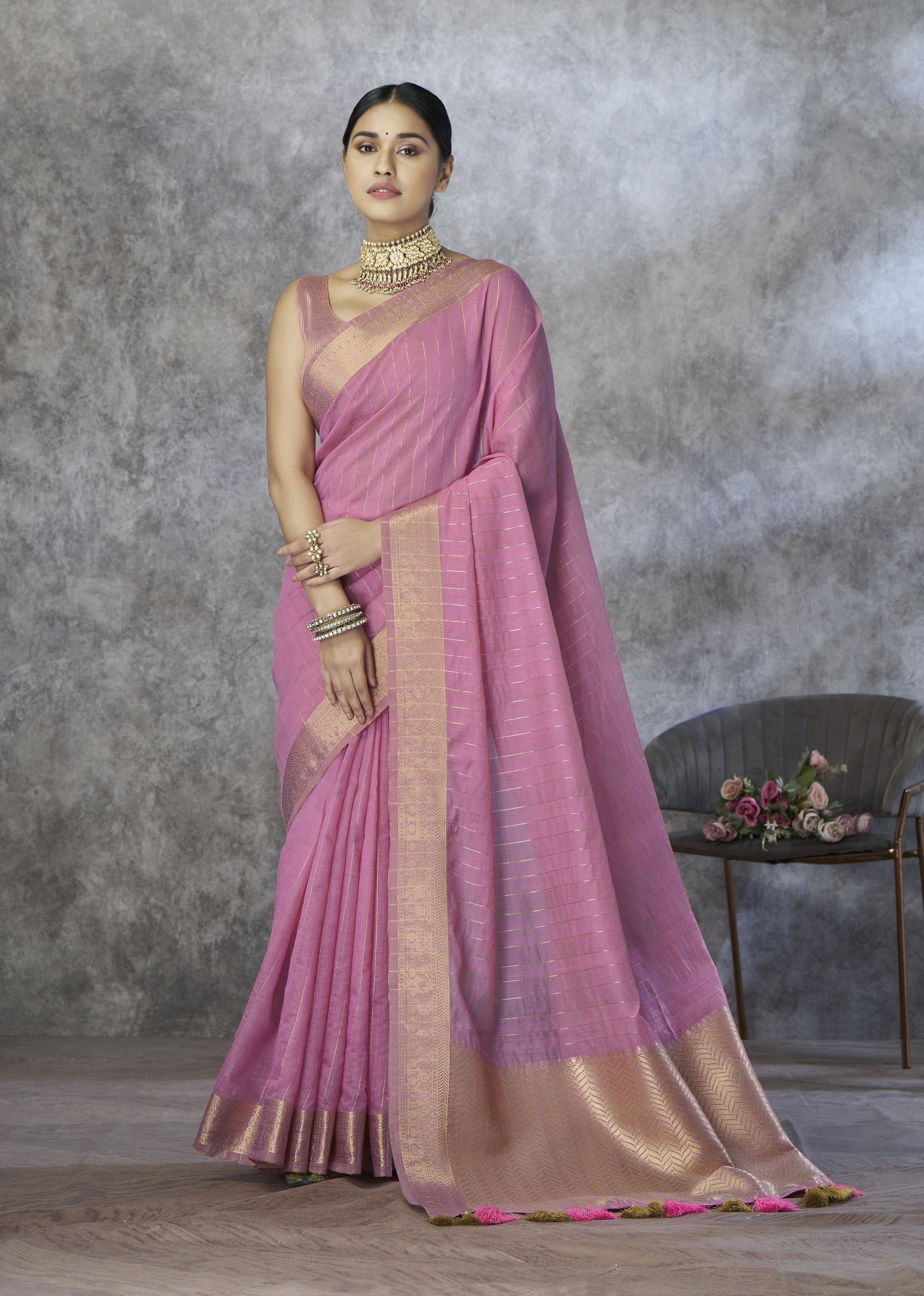 Silk Blend Saree with Gold Zari Border