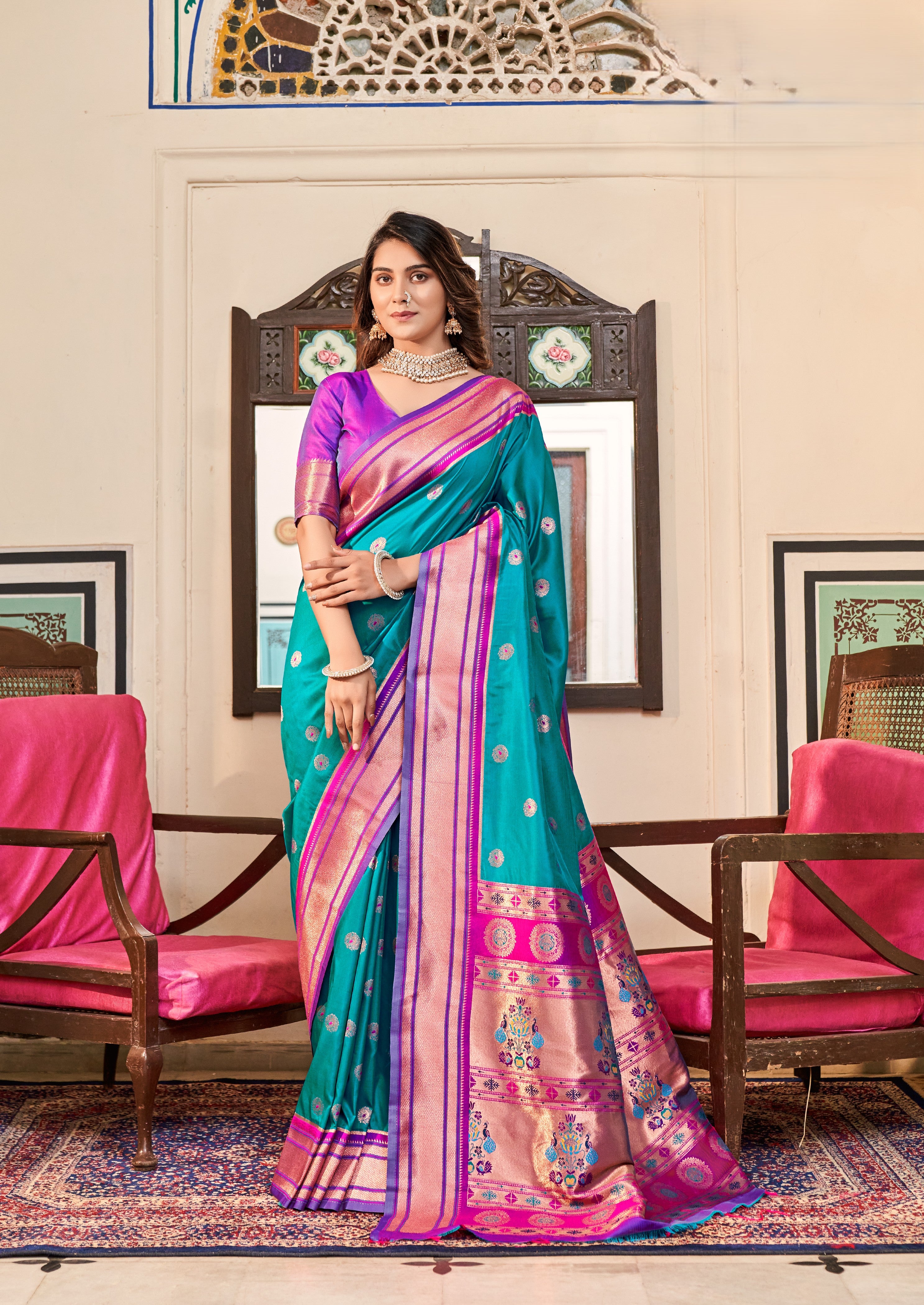 Regal Radiance Silk Paithani Saree with Copper Zari Border