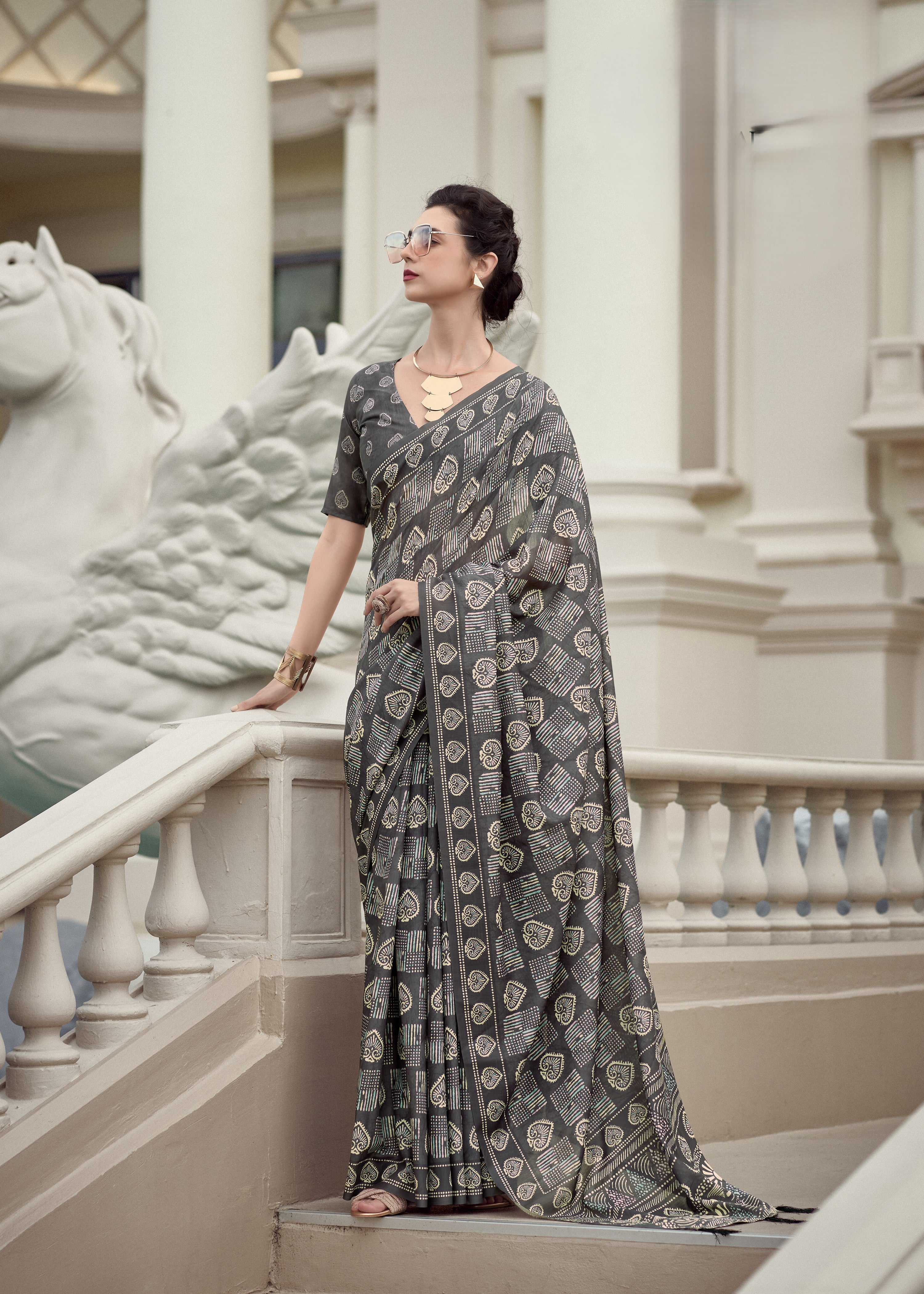 Multi Printed Satin Crepe Saree
