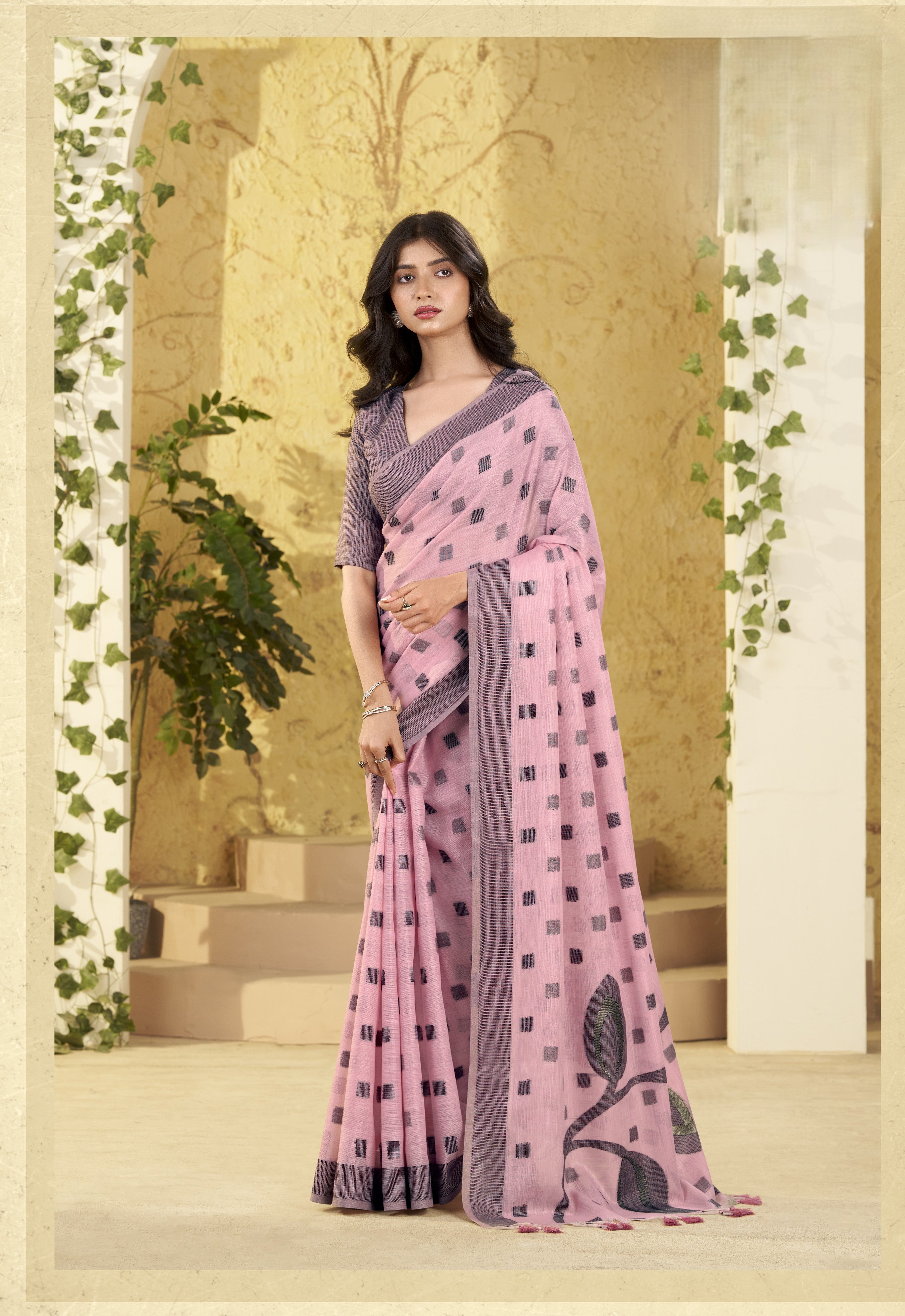 Cotton Saree with Grey Checks and Woven Border