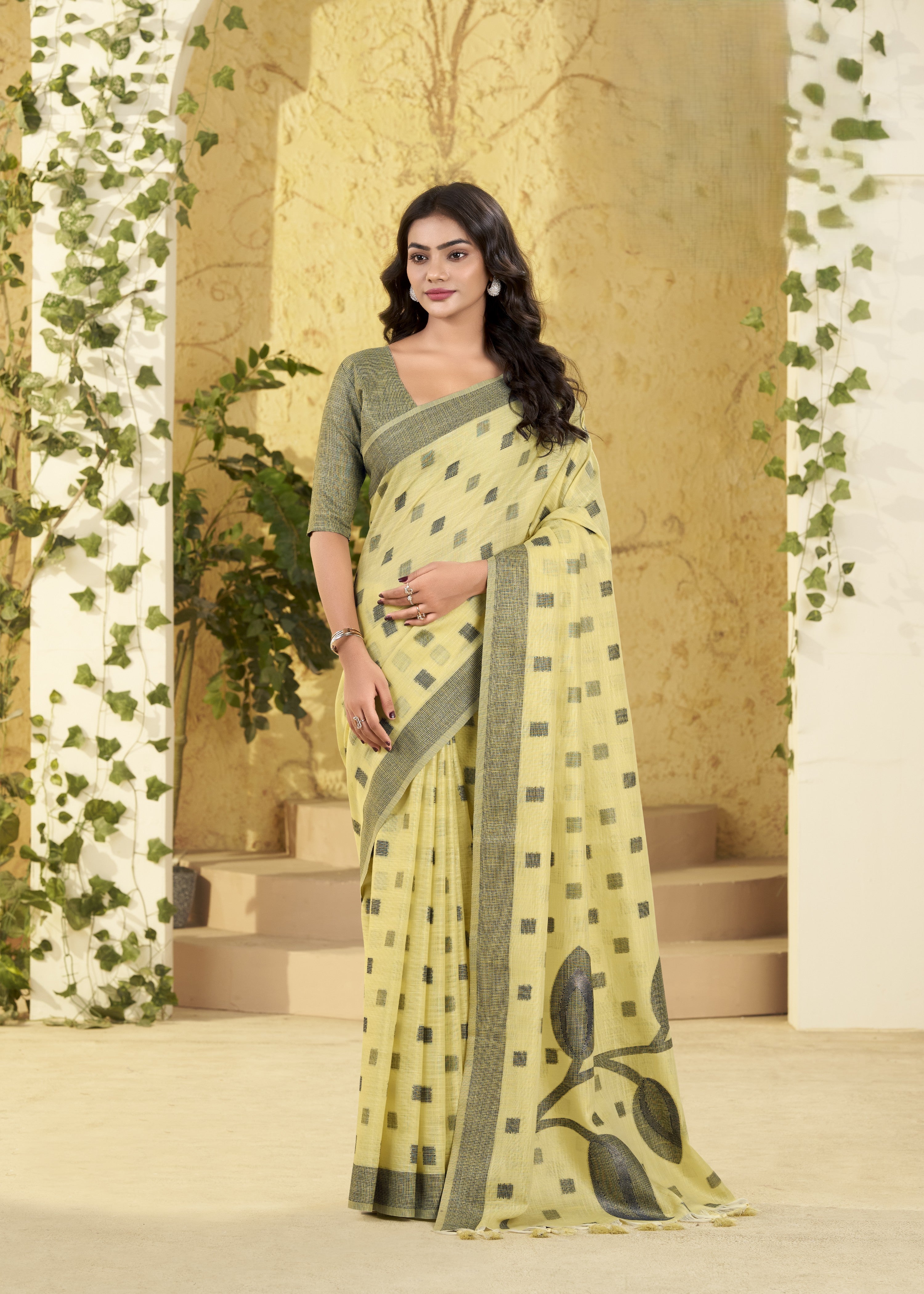 Cotton Saree with Grey Checks and Woven Border