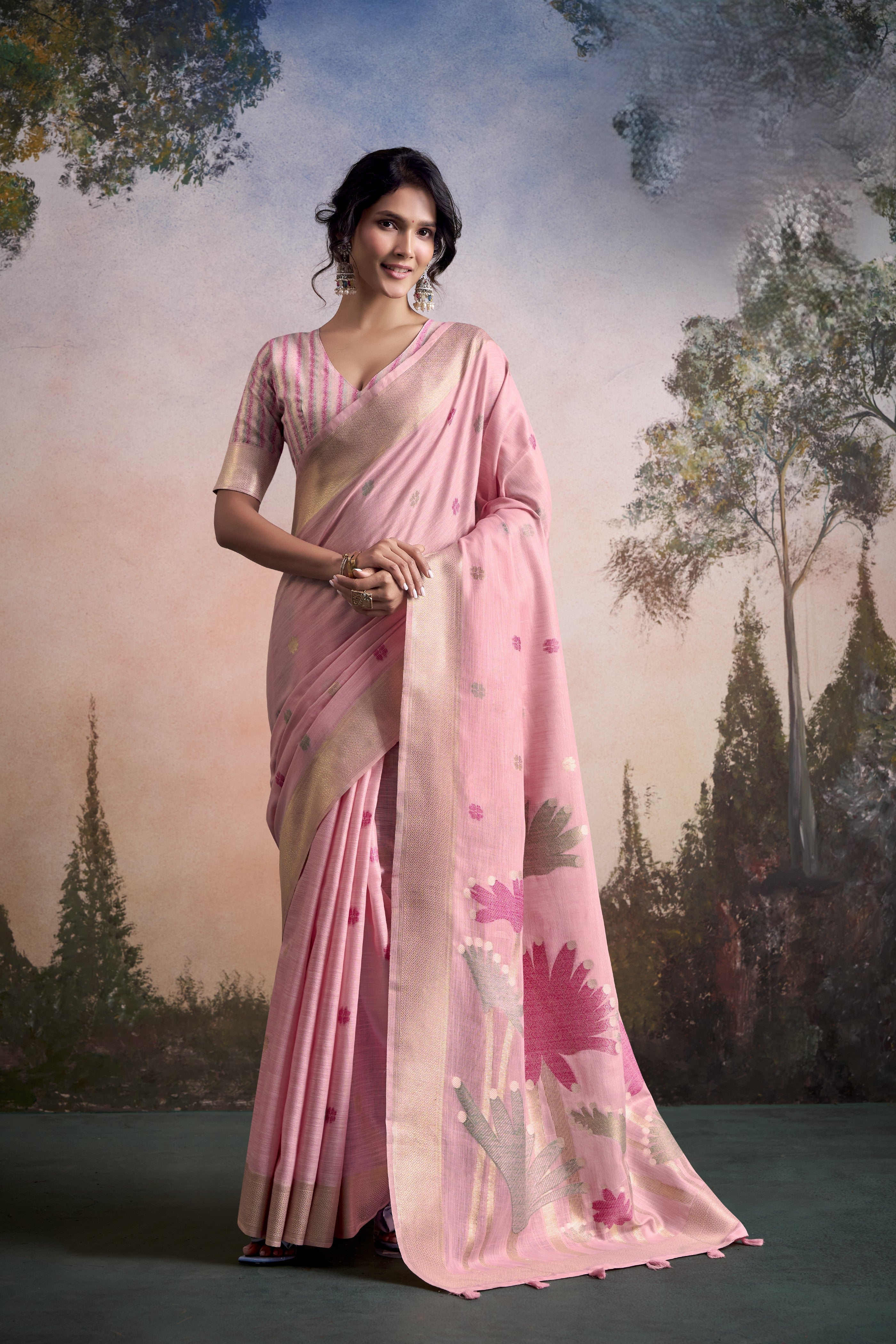 Modern Muse Minimalist Floral Linen Silk Saree