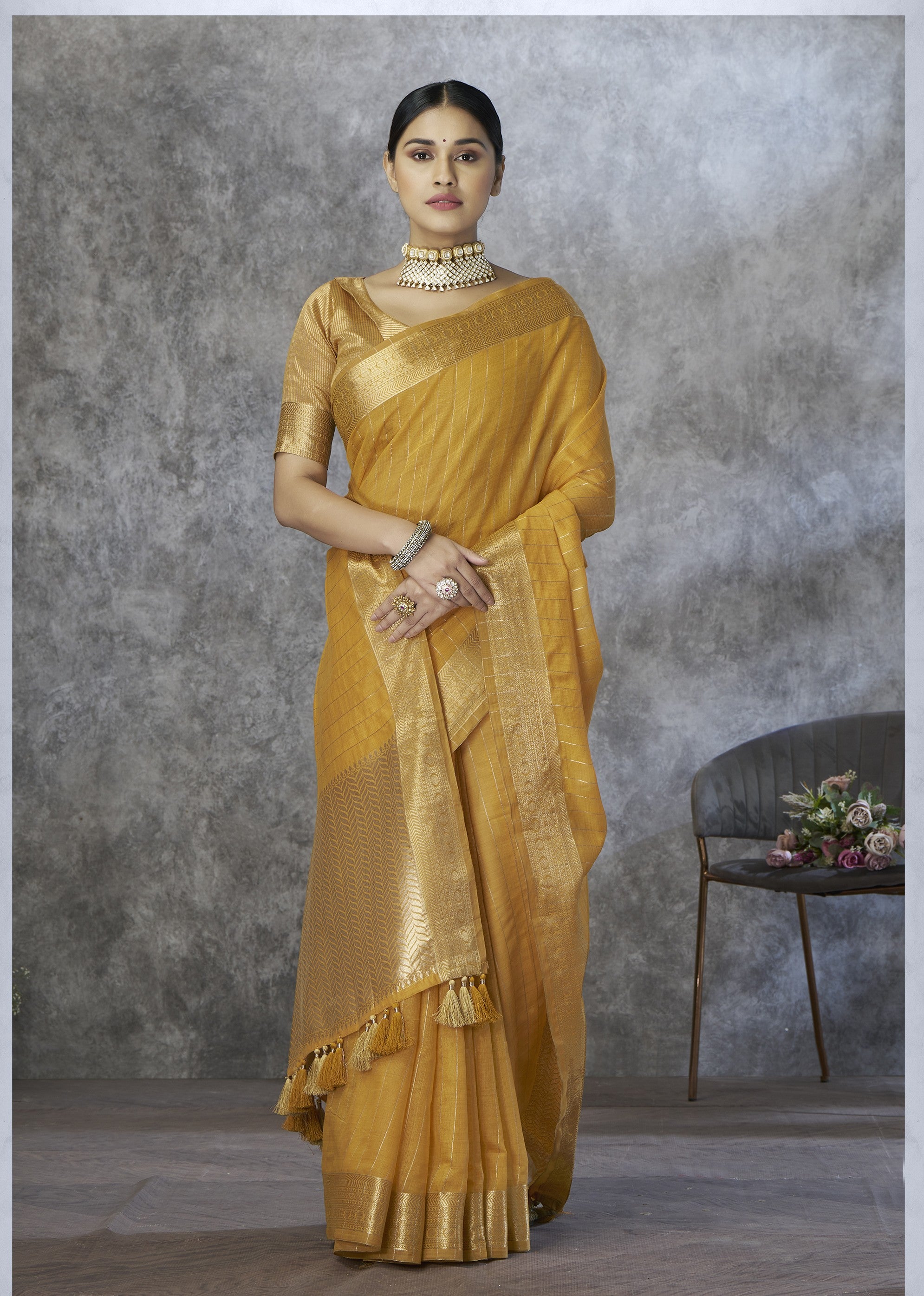 Silk Blend Saree with Gold Zari Border