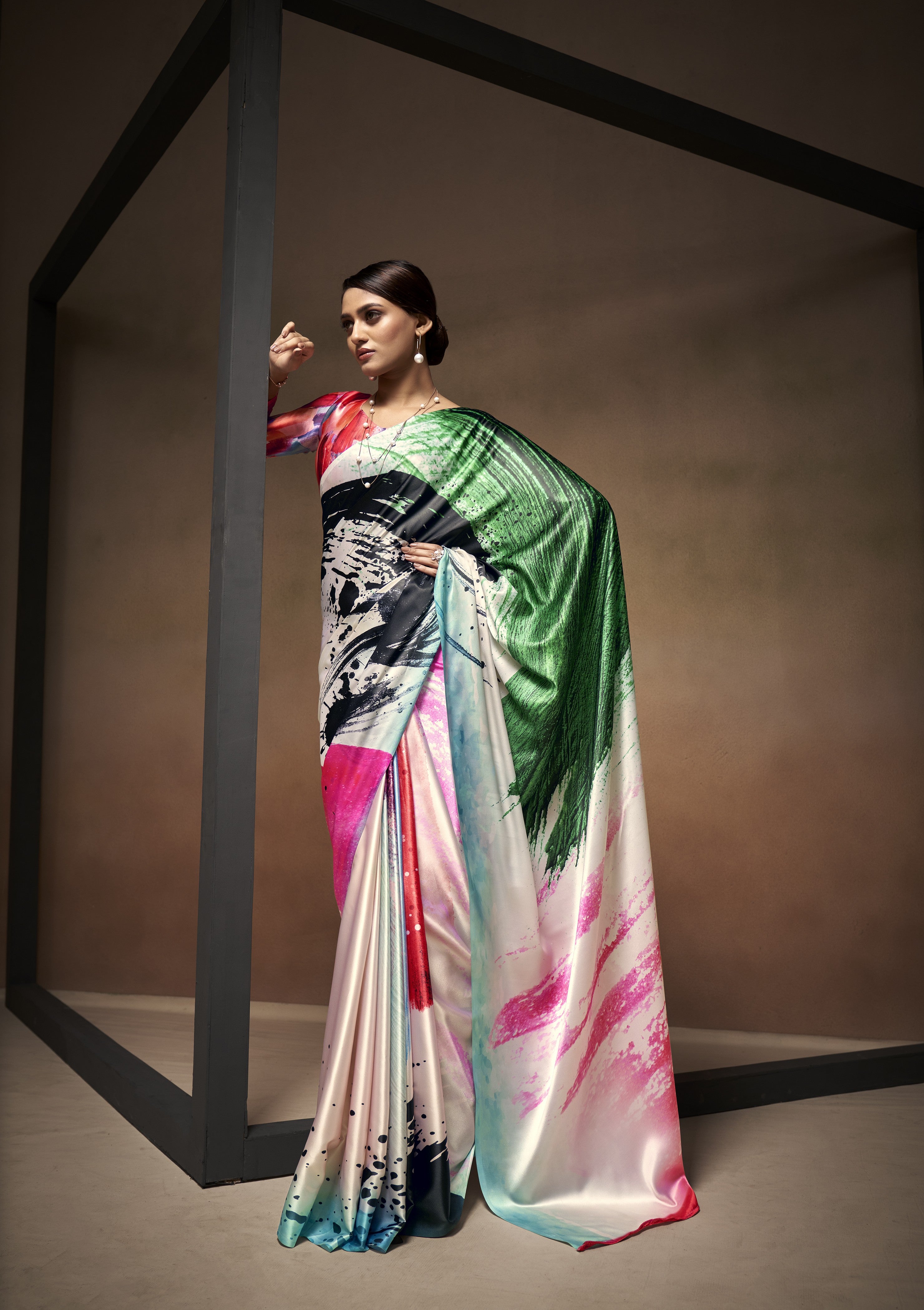 Multi Printed Satin Crepe Saree