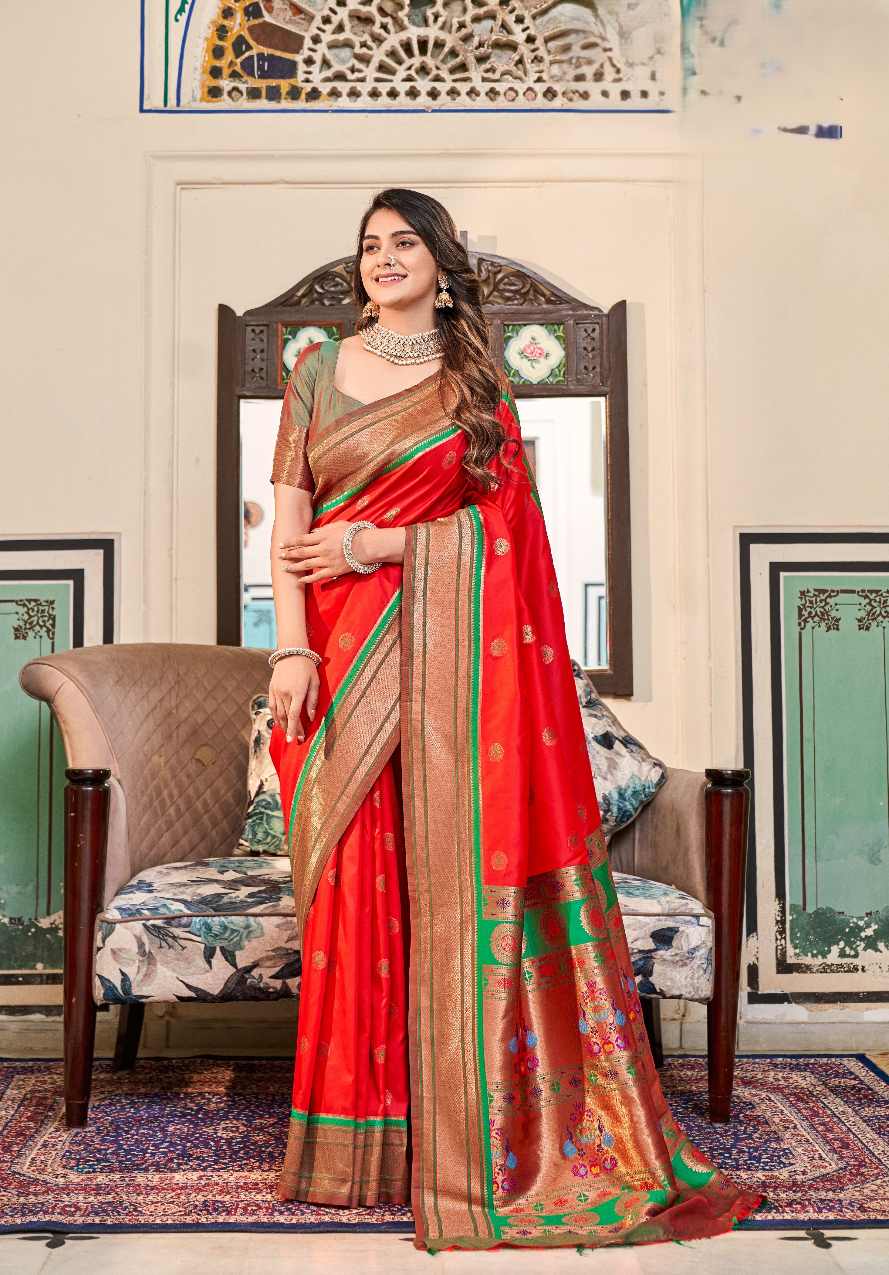 Regal Radiance Silk Paithani Saree with Copper Zari Border
