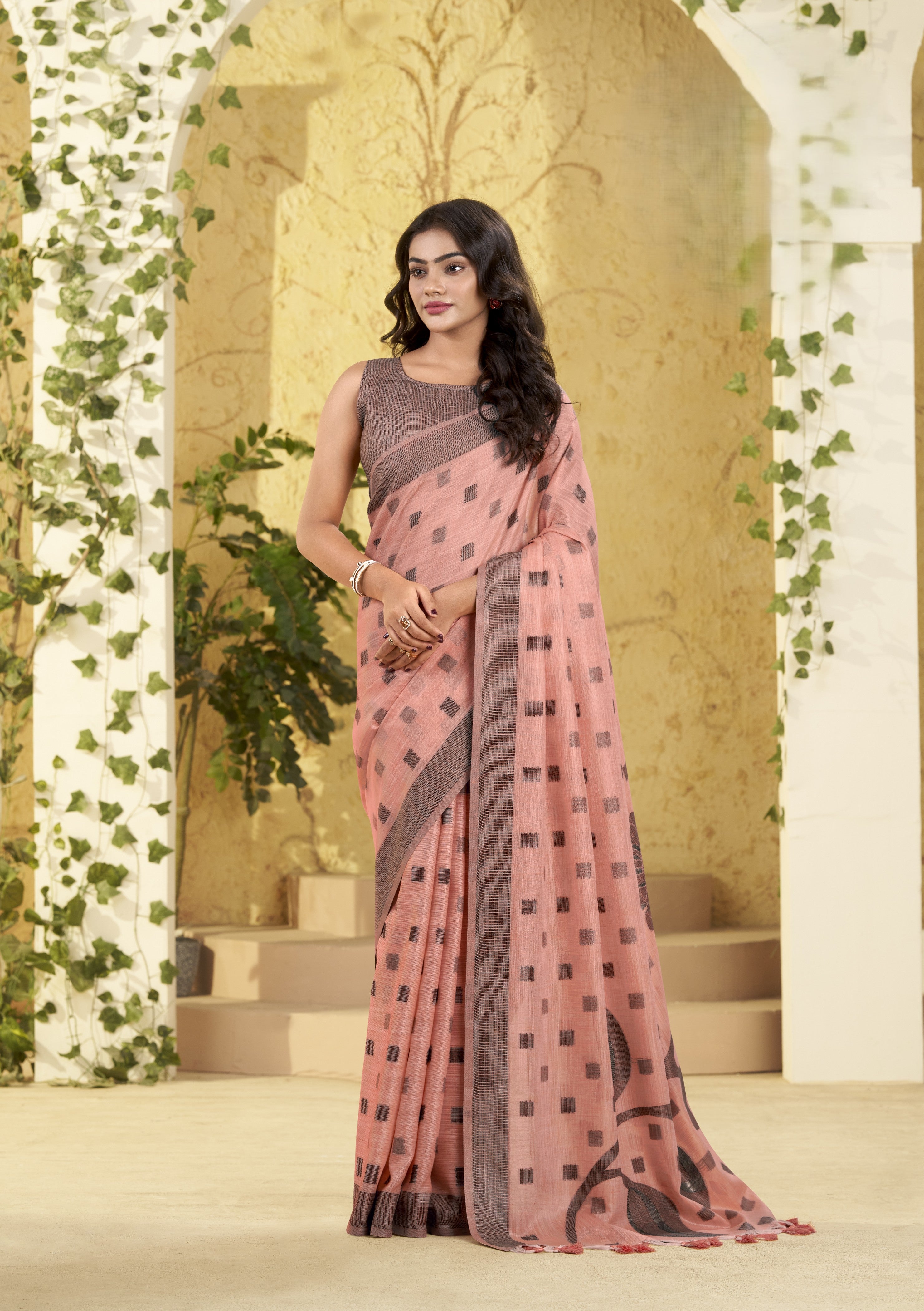 Cotton Saree with Grey Checks and Woven Border