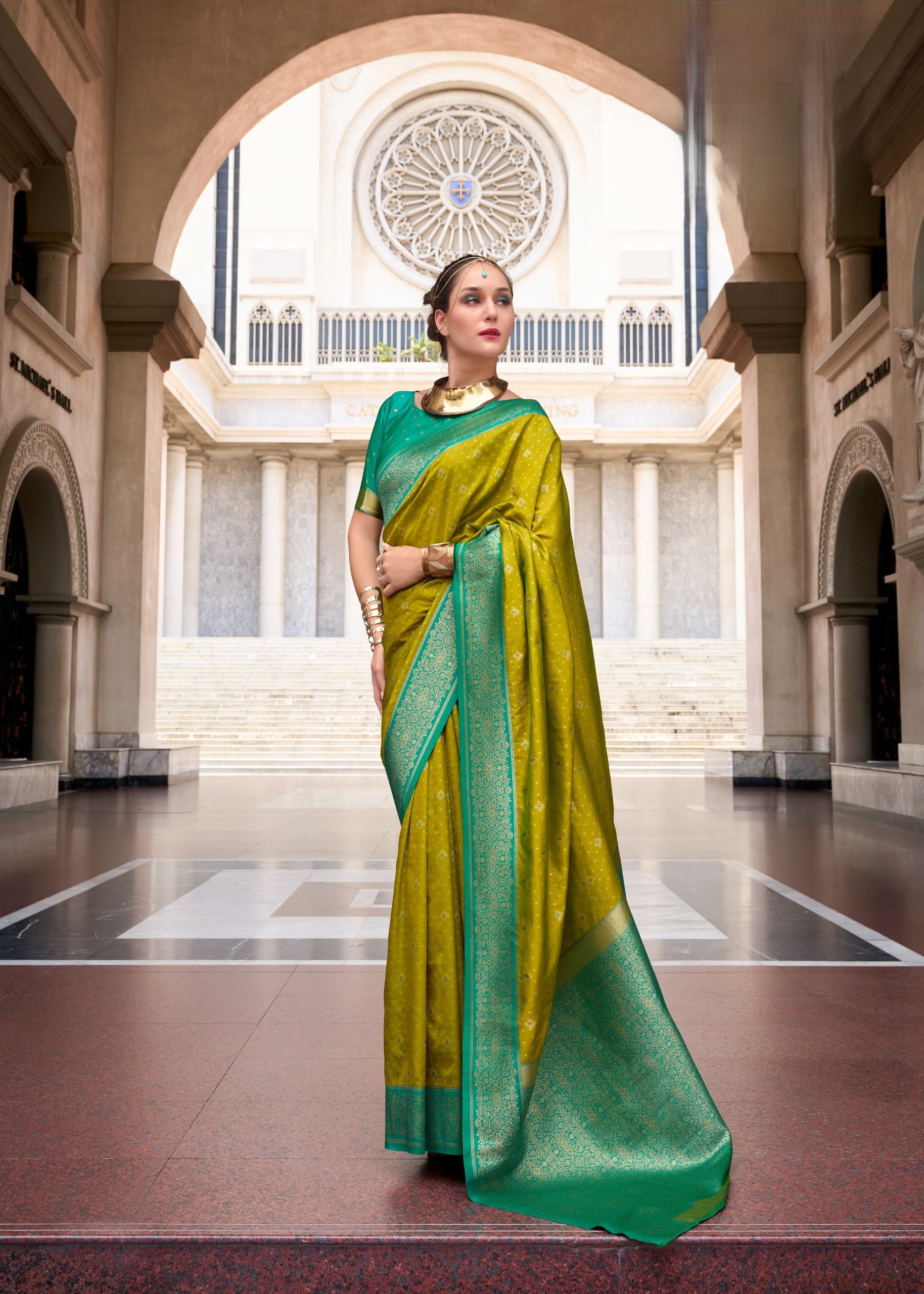 Dual-Tone Banarasi Saree with Antique Gold Zari Work
