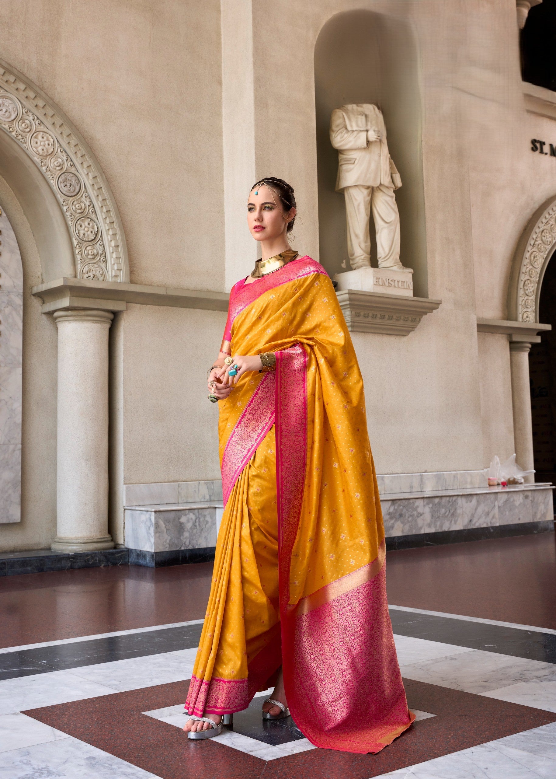Dual-Tone Banarasi Saree with Antique Gold Zari Work