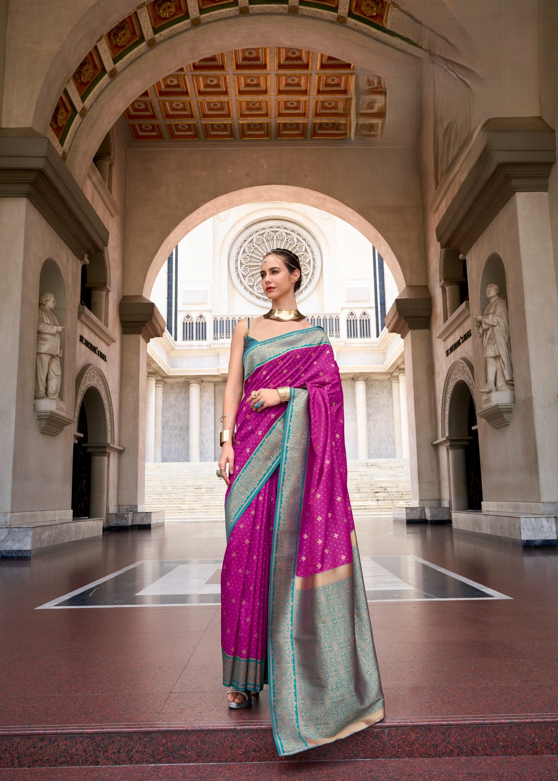 Dual-Tone Banarasi Saree with Antique Gold Zari Work