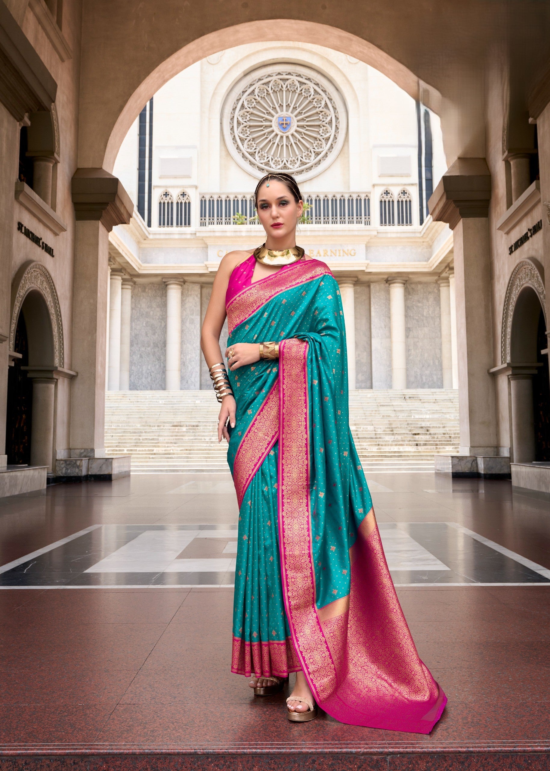 Dual-Tone Banarasi Saree with Antique Gold Zari Work