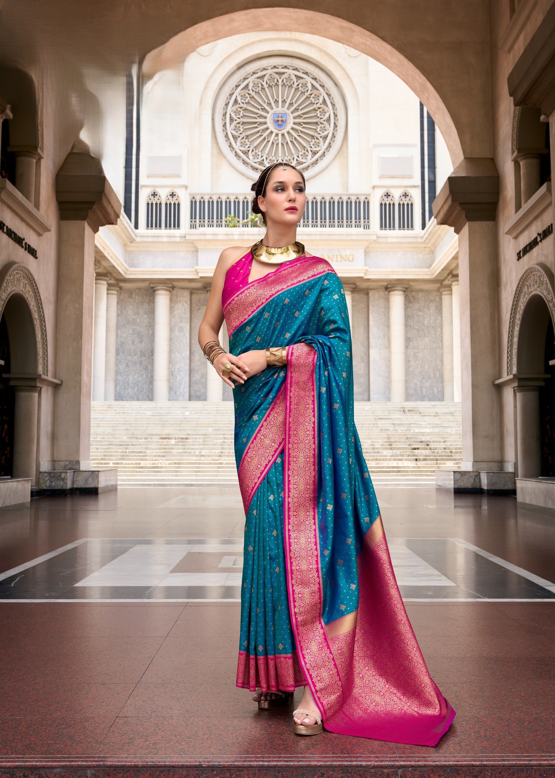 Dual-Tone Banarasi Saree with Antique Gold Zari Work