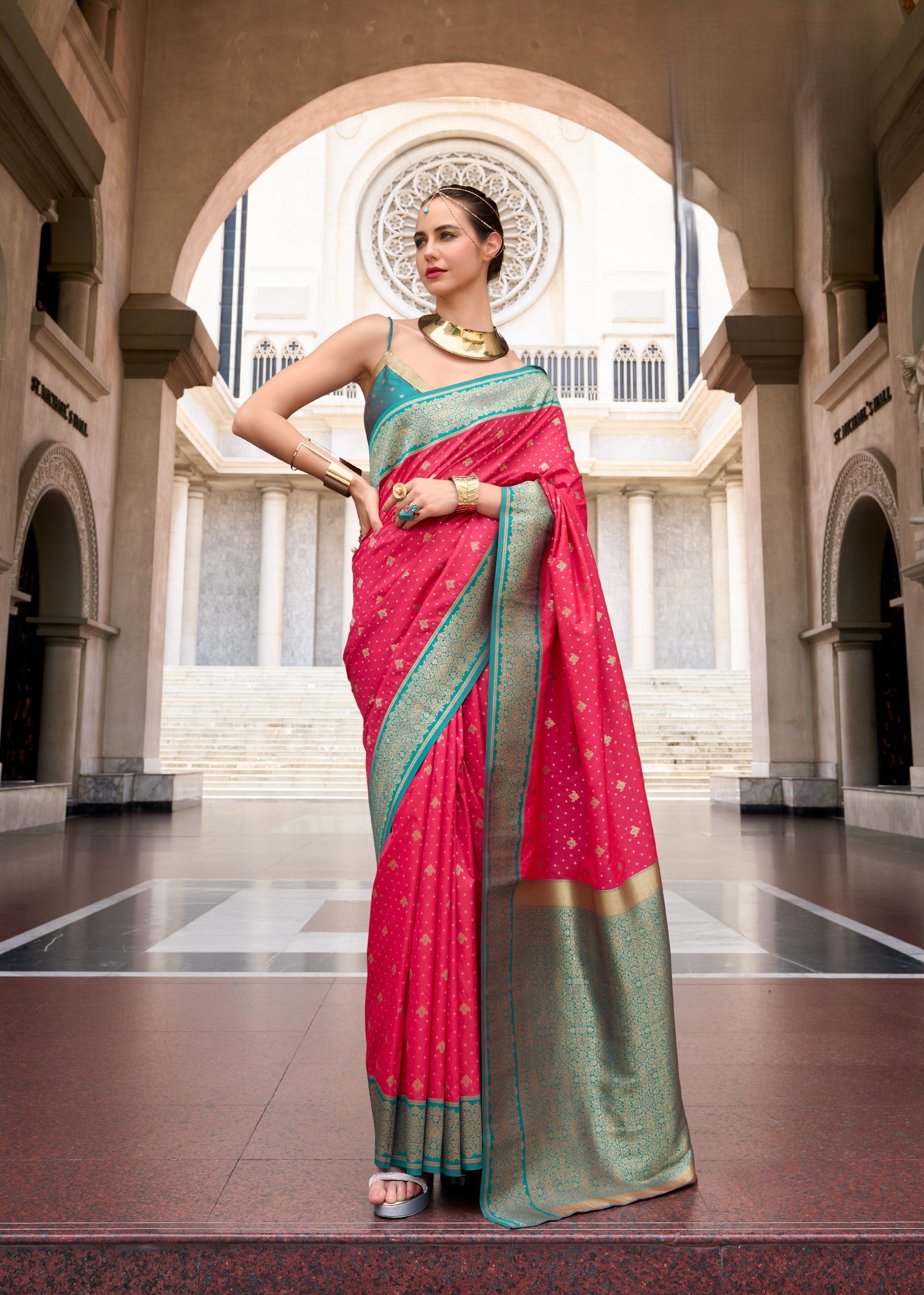 Dual-Tone Banarasi Saree with Antique Gold Zari Work