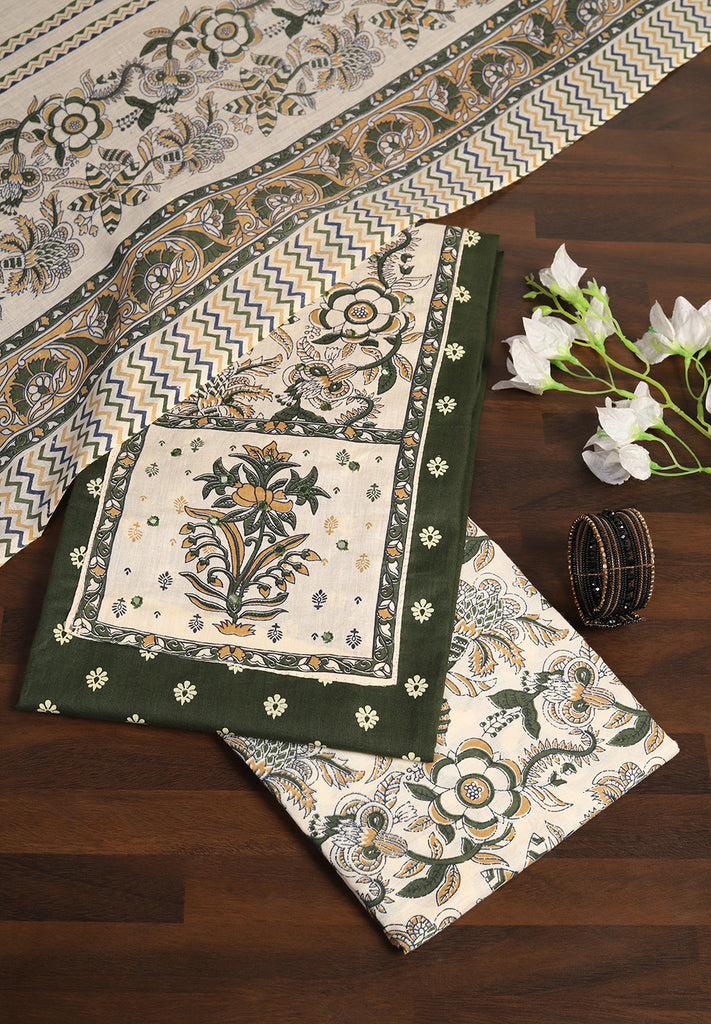 "Printed Perfection: Cotton Unstitched Suit with Stylish Neck Patch"