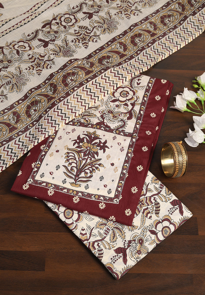 "Printed Perfection: Cotton Unstitched Suit with Stylish Neck Patch"