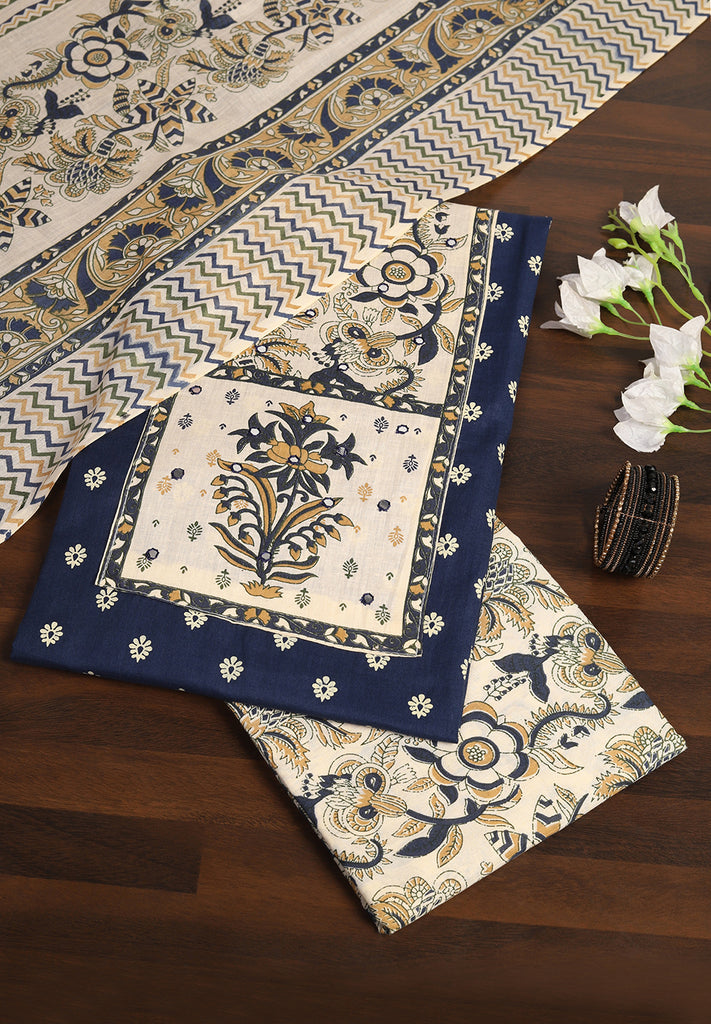 "Printed Perfection: Cotton Unstitched Suit with Stylish Neck Patch"