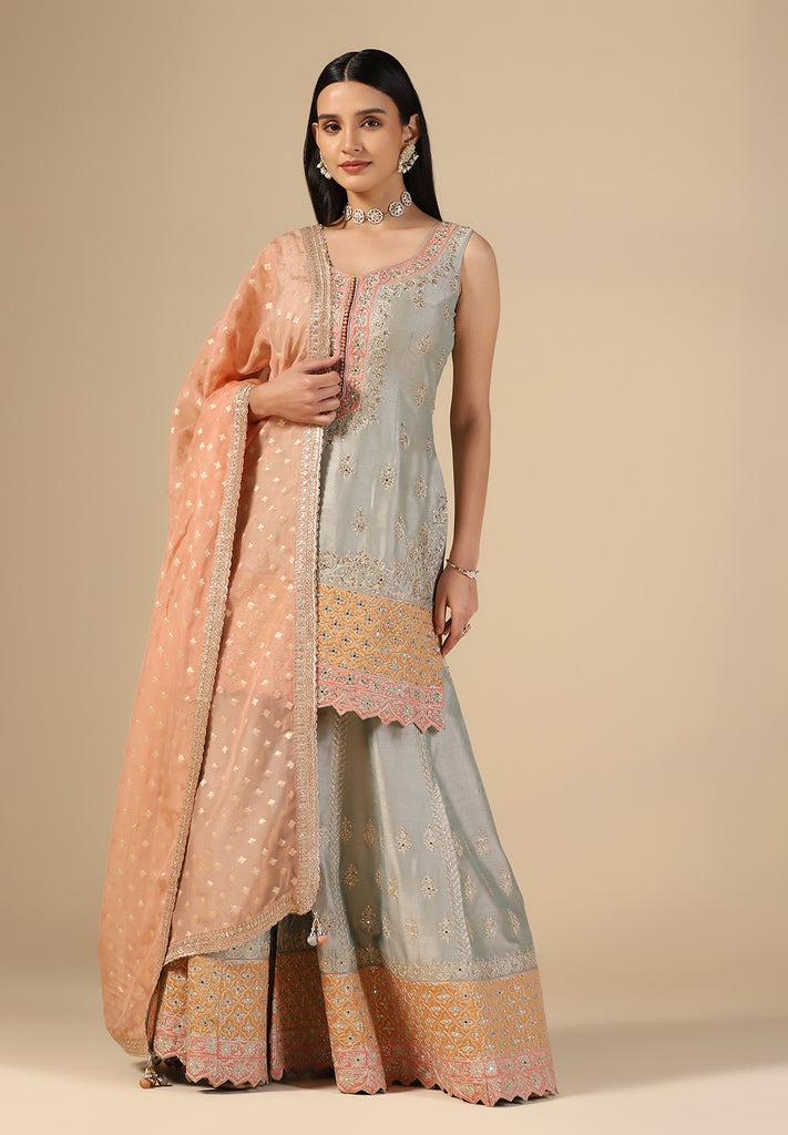 Grey Raw Silk Sharara Suit