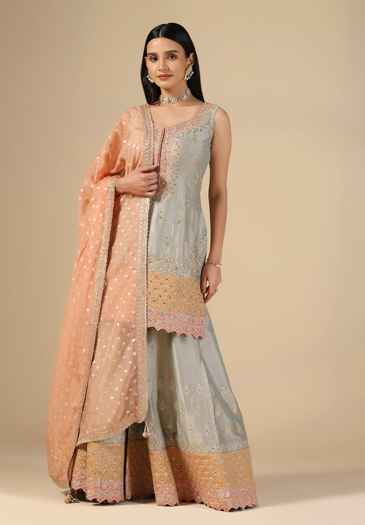 Buy Grey Raw Silk Sharara Suit for Women