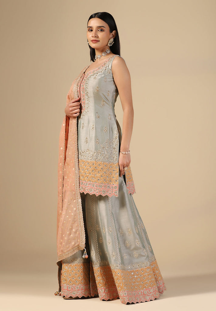 Buy Grey Raw Silk Sharara Suit for Women Online