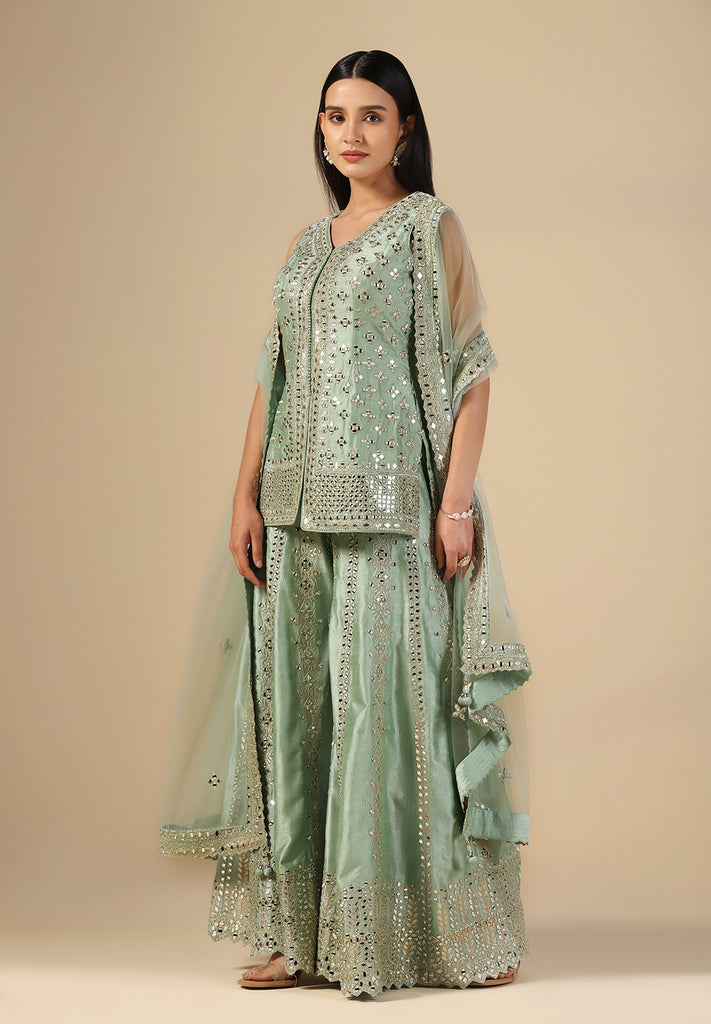 Sea Green Raw Silk Sharara Suit