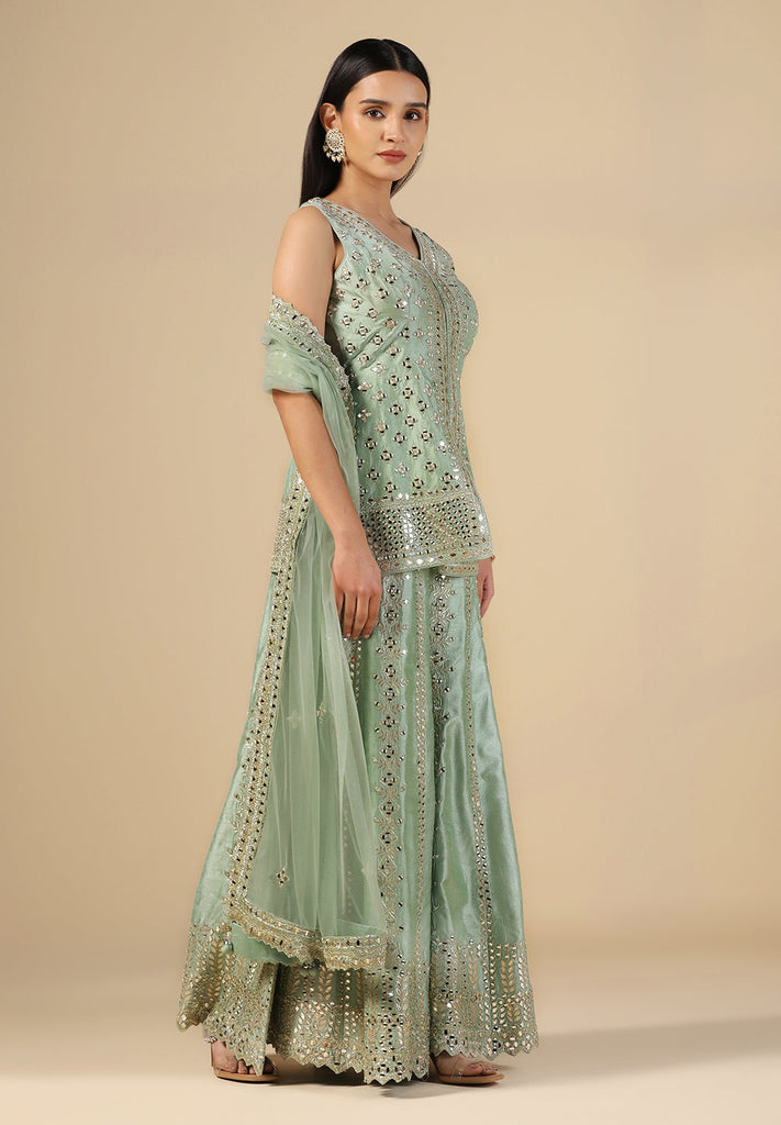 Buy Sea Green Raw Silk Sharara Suit for Women Online