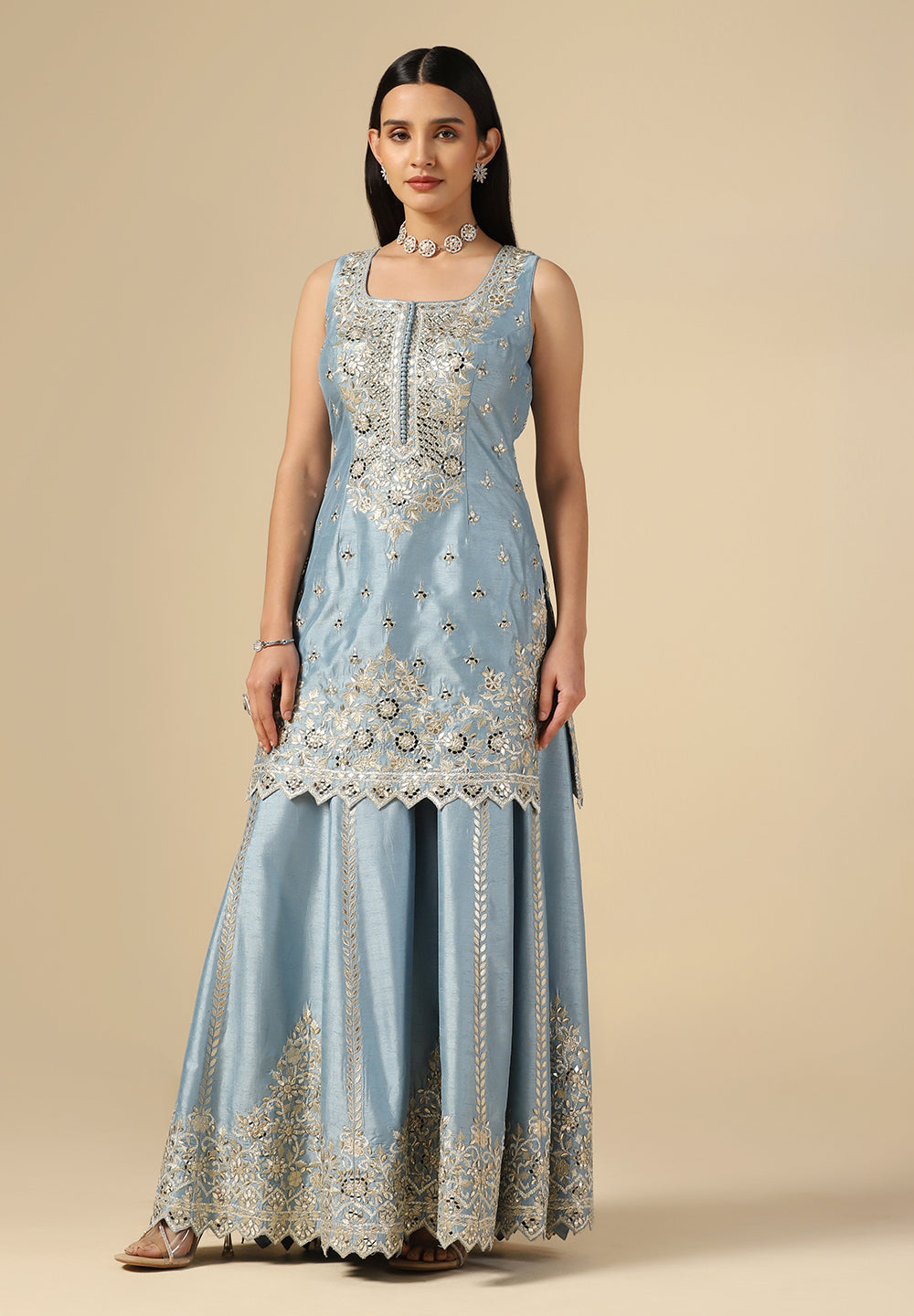 Buy Designer Baby Blue Raw Silk Sharara Suit for Wedding Online in India