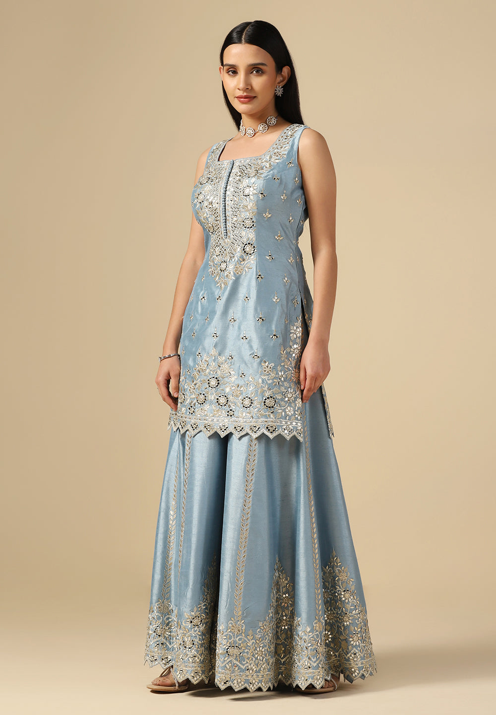 Buy Designer Baby Blue Raw Silk Sharara Suit for Women Online in India