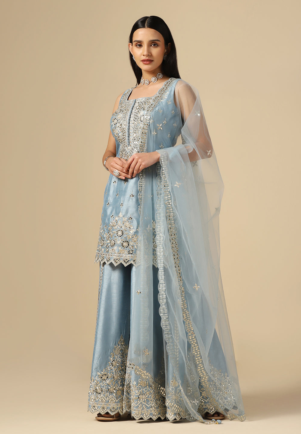 Shop Baby Blue Raw Silk Sharara Suit Online in India