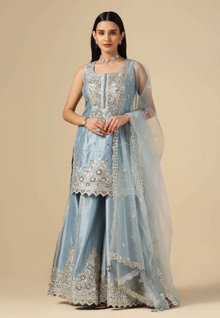 Buy Designer Baby Blue Raw Silk Sharara Suit Online in India