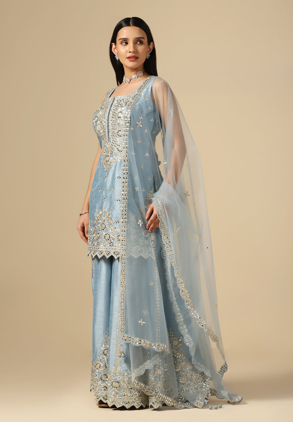 Buy Party Wear Baby Blue Raw Silk Sharara Suit Online in India