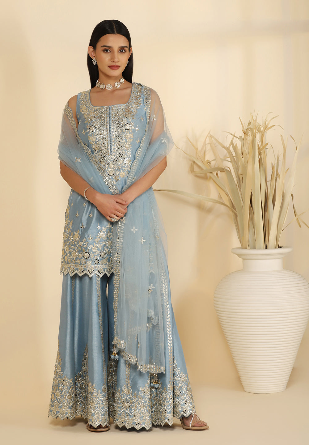 Buy Affordable Baby Blue Raw Silk Sharara Suit Online in India