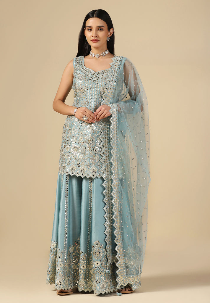 Turquoise Serenity Raw Silk Sharara Suit