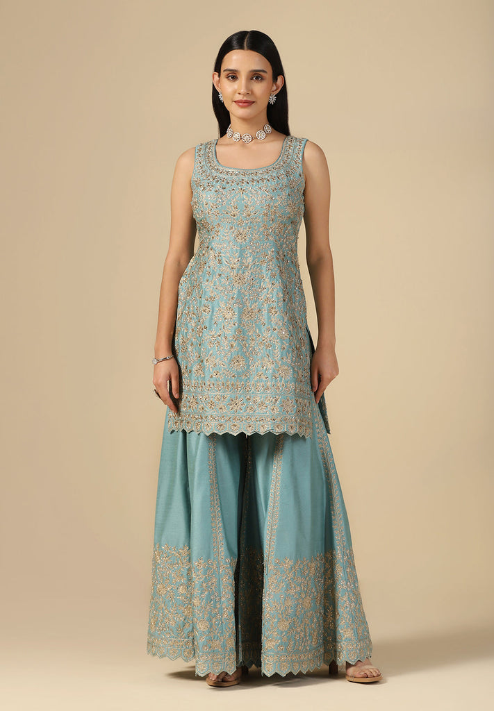 Buy Party Wear Turquoise Raw Silk Sharara Suit for Women Online