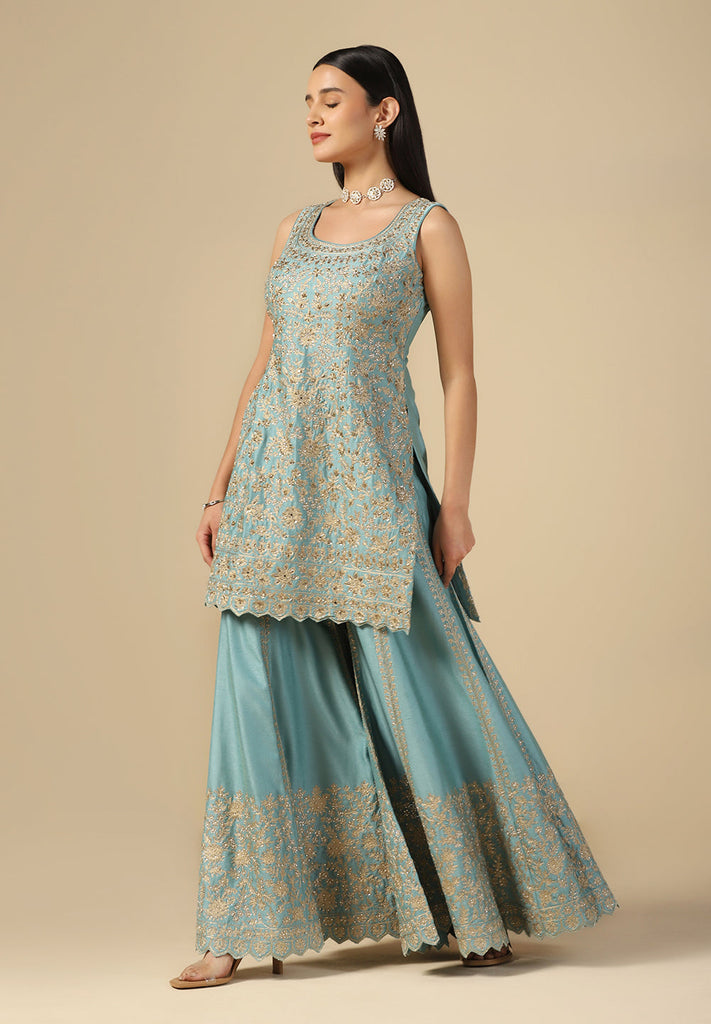 Buy Wedding Wear Turquoise Raw Silk Sharara Suit for Women Online