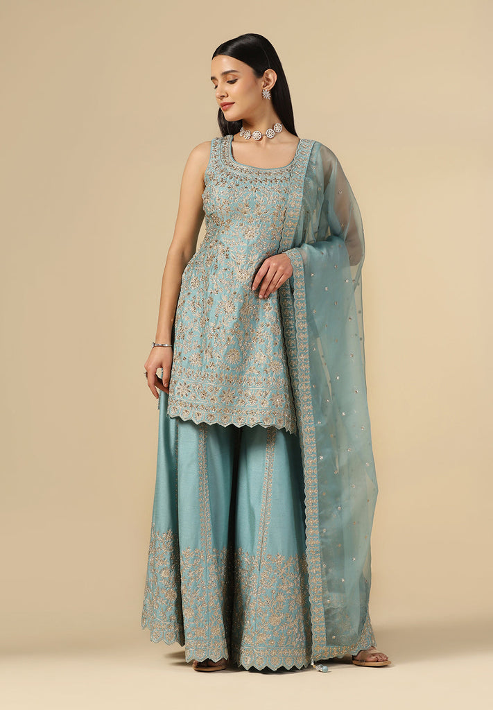 Buy Turquoise Raw Silk Sharara Suit for ladies Online