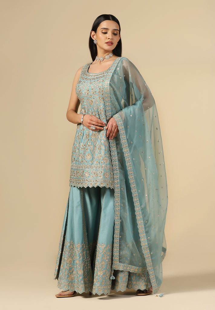 Turquoise Raw Silk Sharara Suit