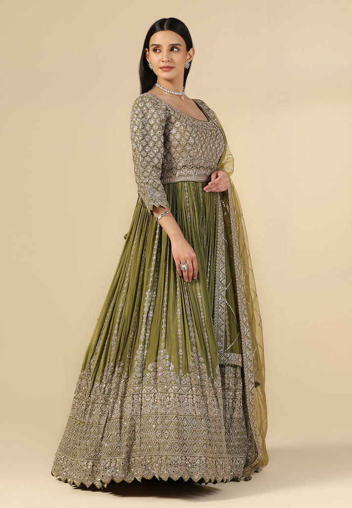 Long Sleeves Green Anarkali Gown for Women